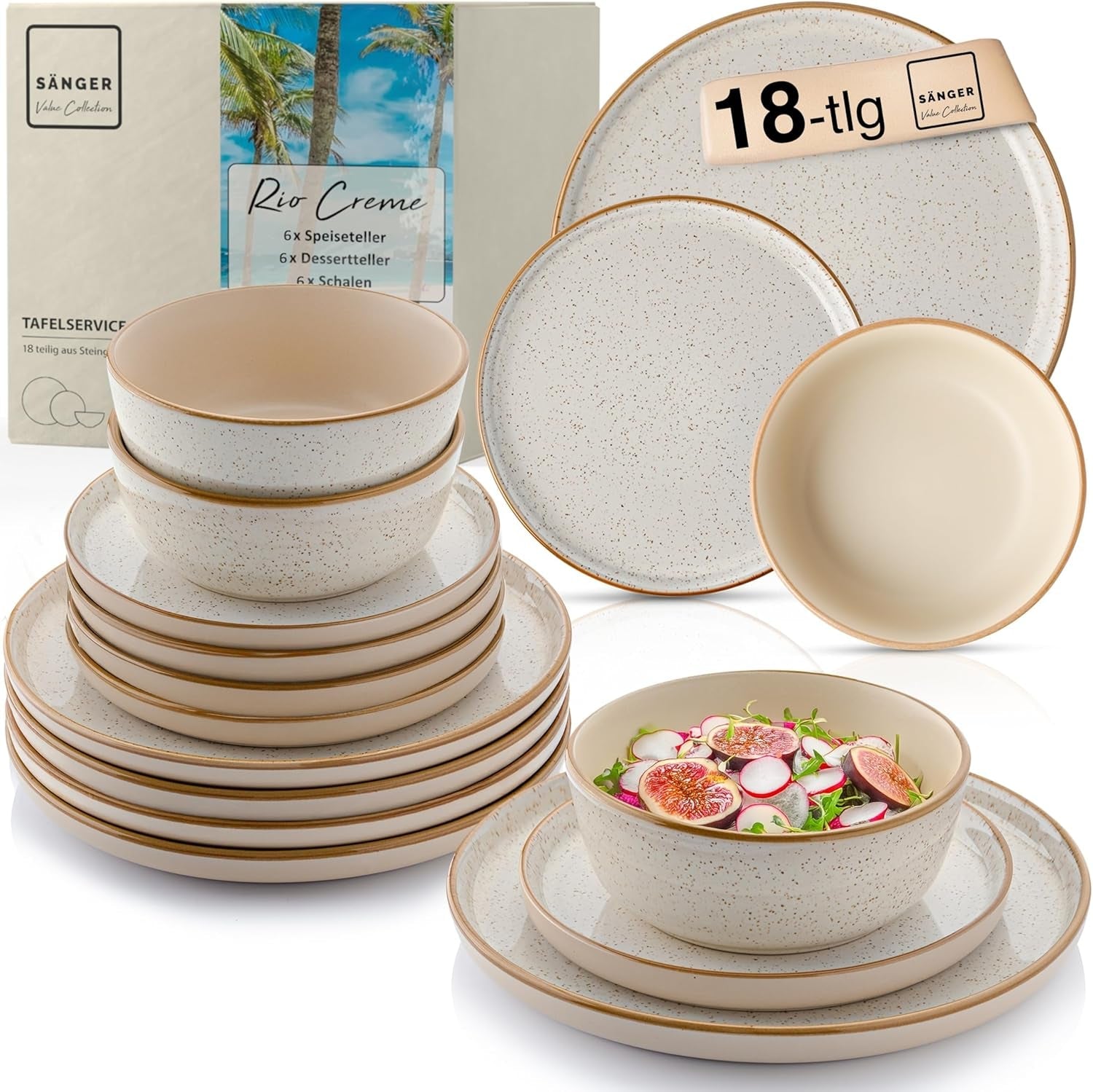 SÄNGER Rio Creme | Set di stoviglie in gres da 18 pezzi per 6 persone, inclusi 6 piatti piani, 6 piatti da dessert e 6 ciotole | LA COLLEZIONE DI VALORE