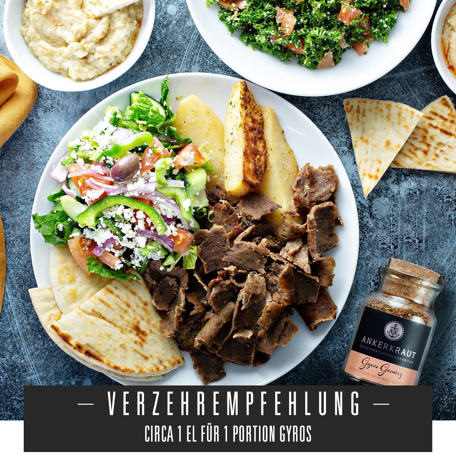 Ankerkraut Gyros, Gewürzmischung für Gyros, egal ob aus der Pfanne oder vom Grill, mit Zwiebel, Knoblauch, Maggiorana, Cumino, Pimento e altro, 80 g in Korkenglas