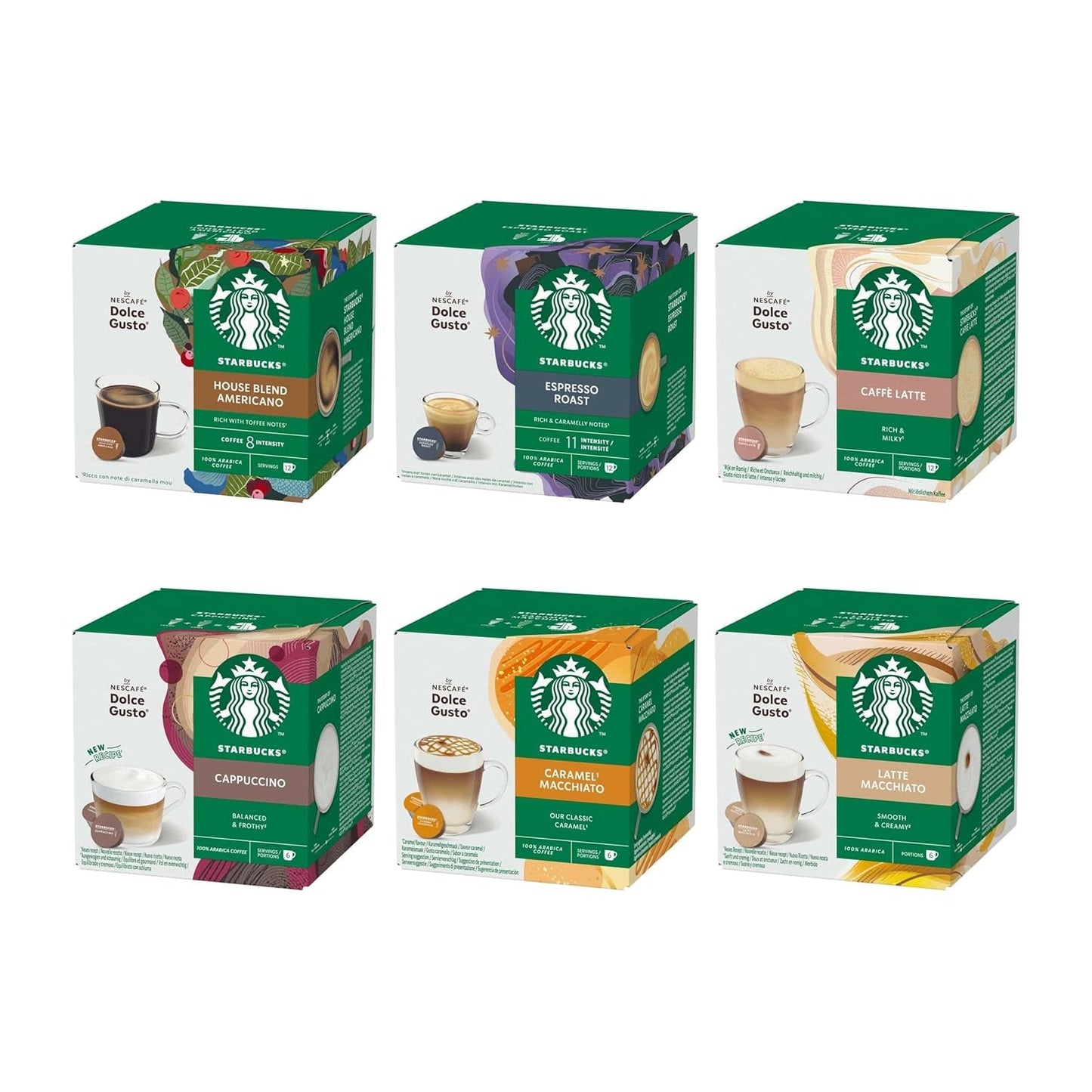 STARBUCKS Probierset, Mixed Cup Variety Pack di Nescafé Dolce Gusto Kaffeekapseln 6 x 12 (72 Kapseln) - Exklusiv bei Amazon
