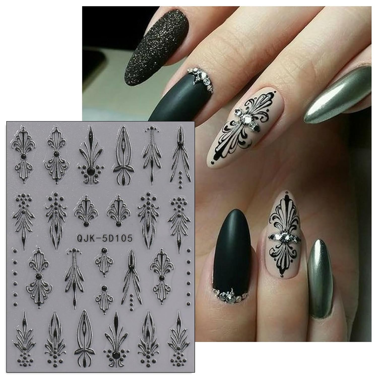 JMEOWIO 3D Nagelsticker Schwarz Weiß Blume Nail Art Sticker Self-klebend Nagelaufkleber 5D Stereoscopic Blumen Dekoration Nageldesign Zubehör 4 Blatt
