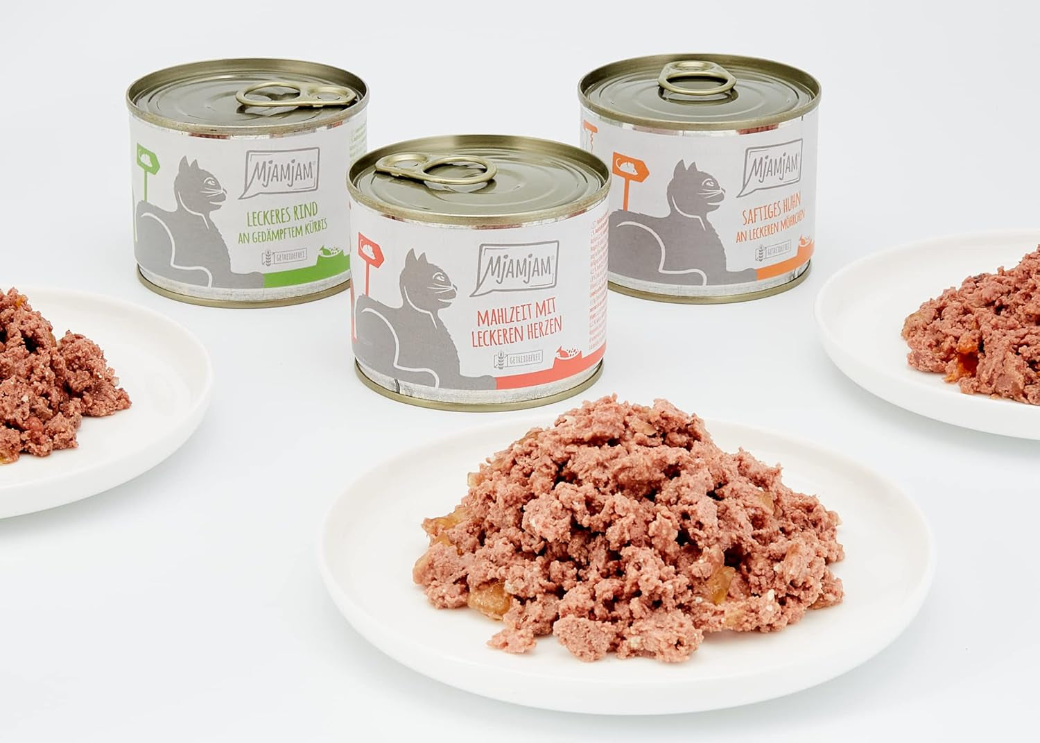 MjAMjAM - Cibo umido premium per gatti - Confezione mista I - Confezione da 6 pollo, manzo, cuori (6 x 200 g), senza cereali con carne extra