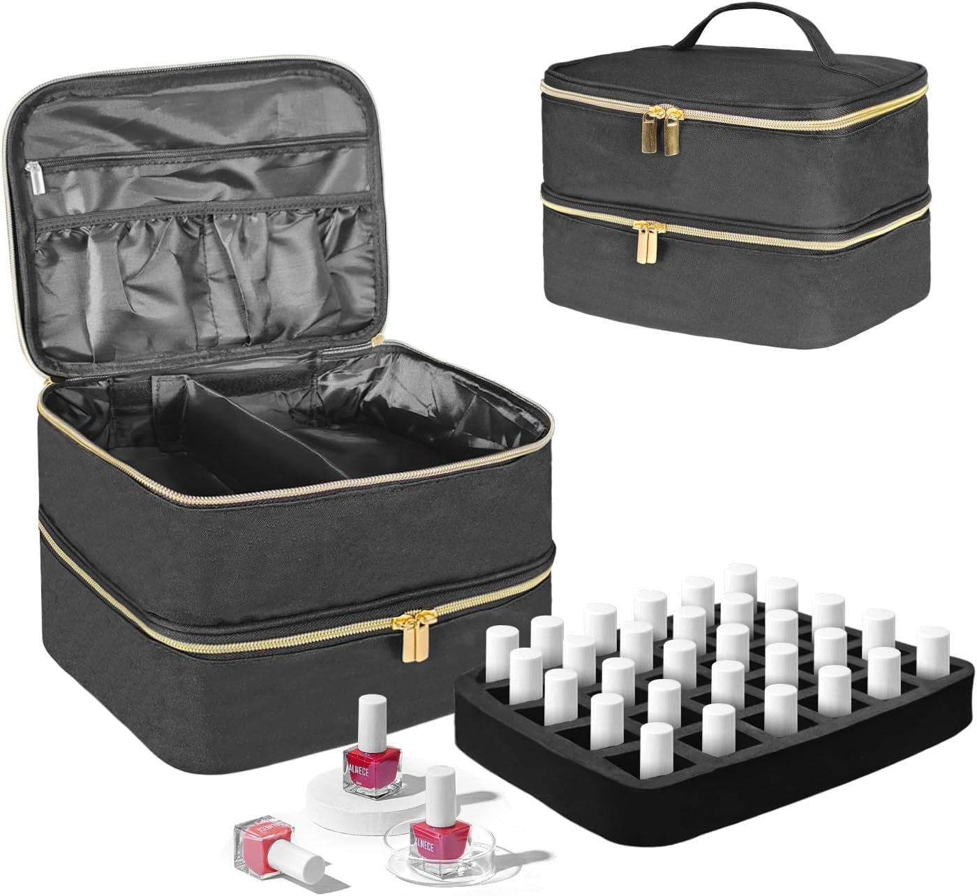 Tasche organizer per smalto per unghie, scatola portaoggetti per smalto per unghie doppia, borsa organizer per cosmetici per design cosmetico per 30 bottiglie di base Neonail (15 ml-0,5 fl.oz) e 1 lampada per unghie (nero)