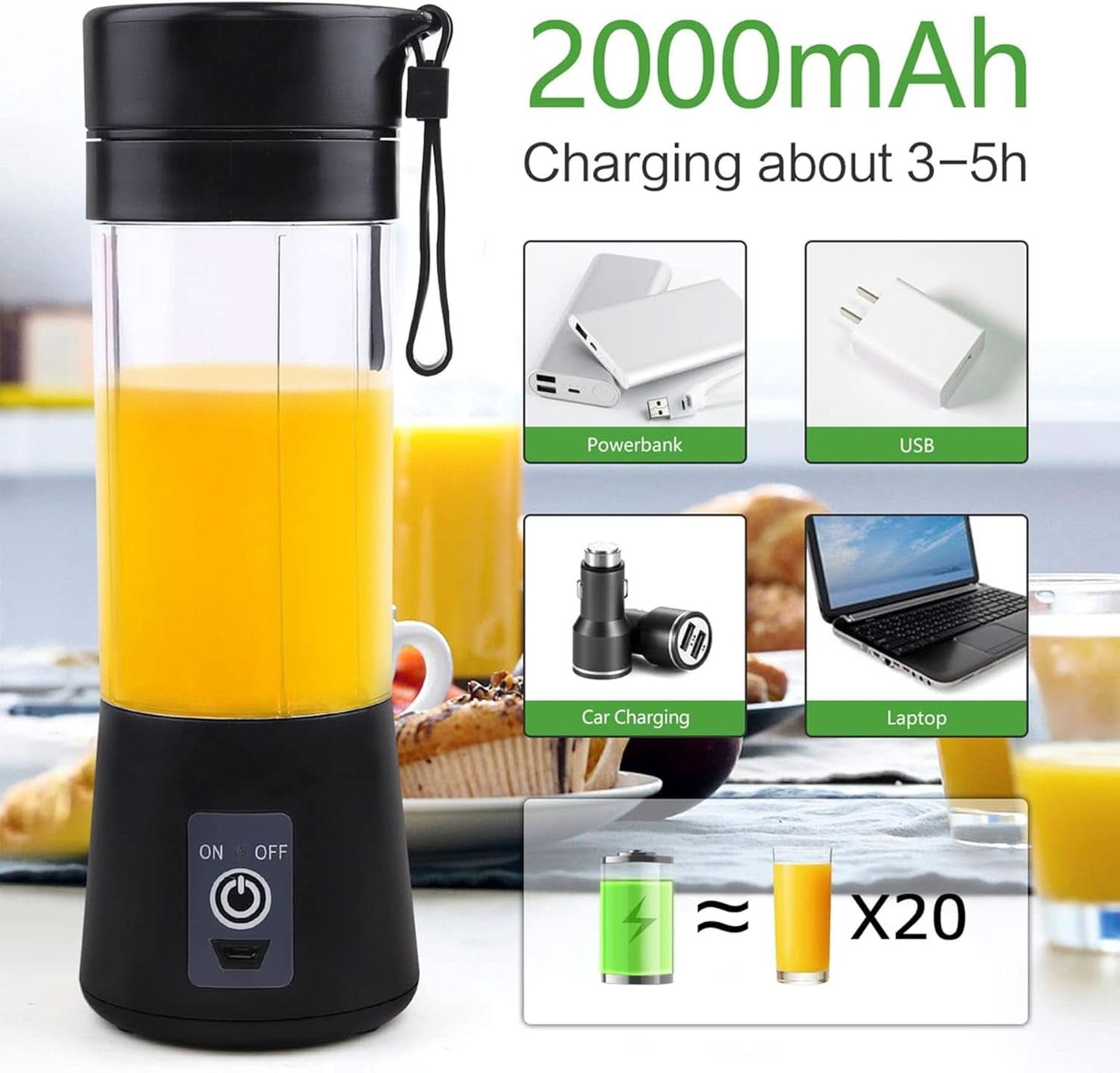 Mixer Smoothie Maker Tragbarer Entsafter: 380Ml Standmixer Shaker personale Proteinshake Mit 6 Edelstahlmesser Tragbar-Bpa-Freie Mit Usb-Mixbecher Für Shakes,Saftoutdoor,Schwarz Bucatarie Naty Shop