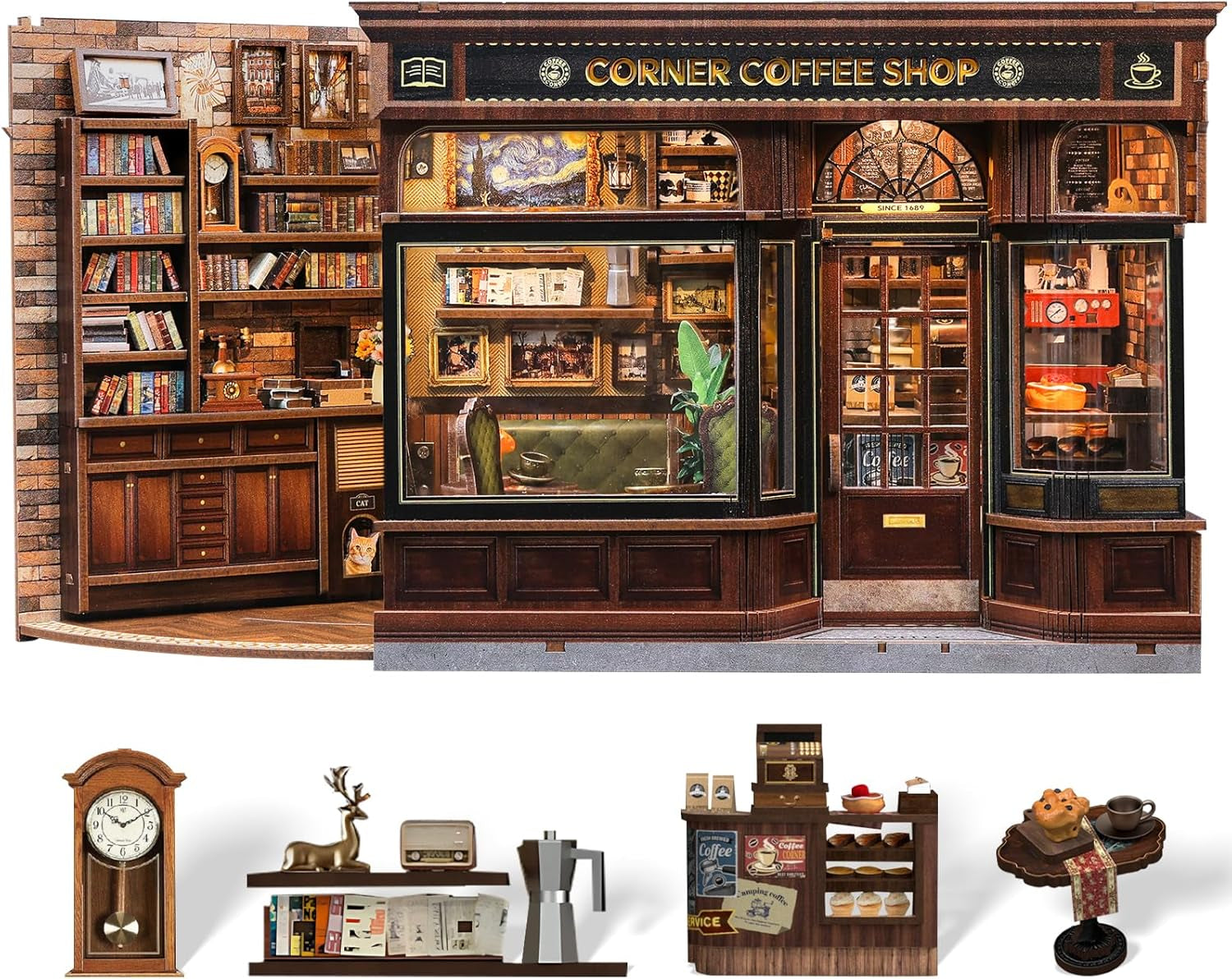 CUTEBEE Kit Angolo Libro - Case delle Bambole Fai-da-Te, Kit di Costruzione di Case in Miniatura Illuminate a LED per Adulti, Puzzle 3D in Legno e Supporto per Libri - Decorazione per Scaffale e Regalo (Corner Cafe)