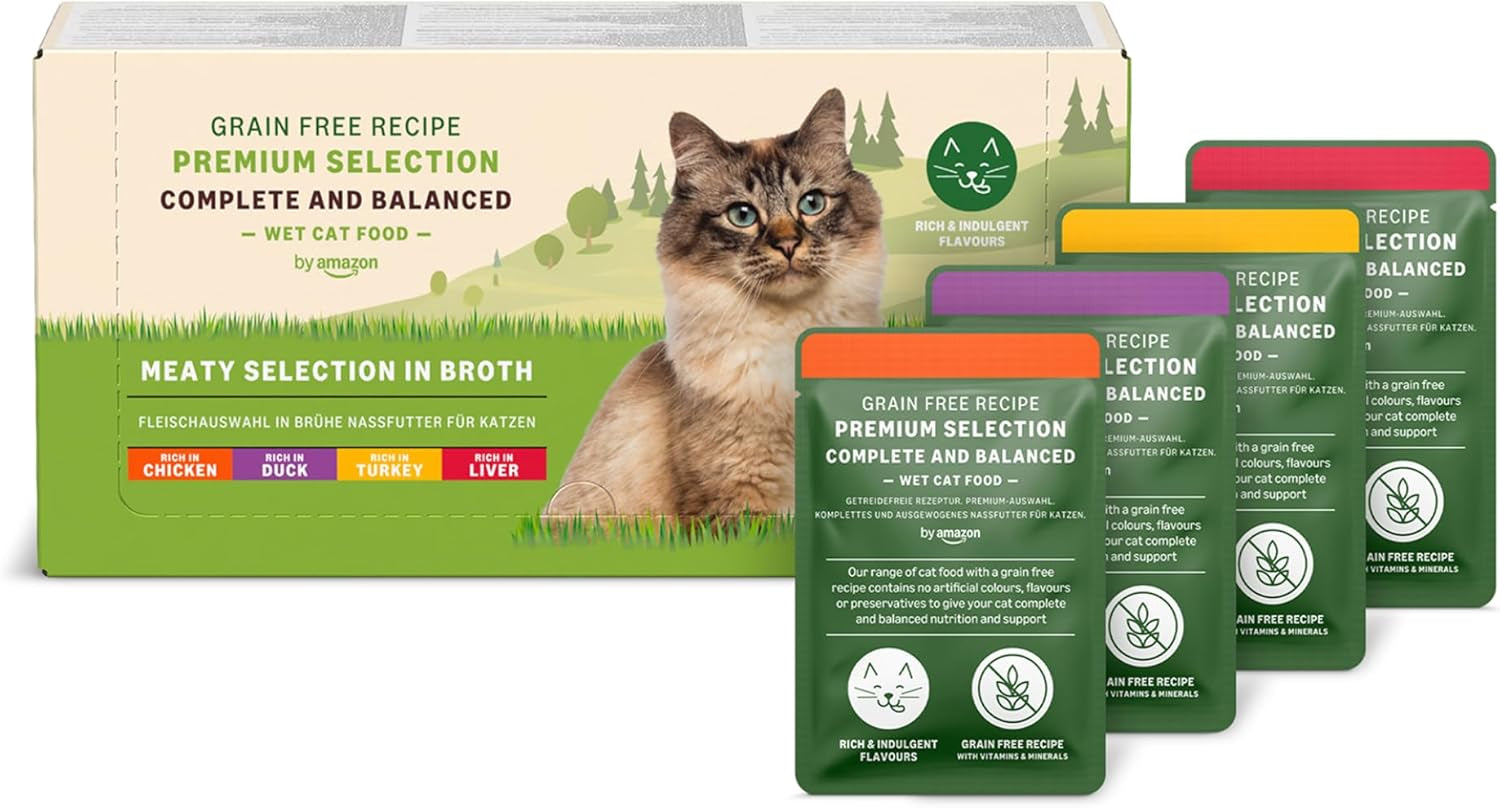 Alimento umido per gatti Amazon senza cereali per gatti adulti Selezione di carne in brodo 4,76 kg 56 confezioni da 85 g (precedentemente Lifelong)