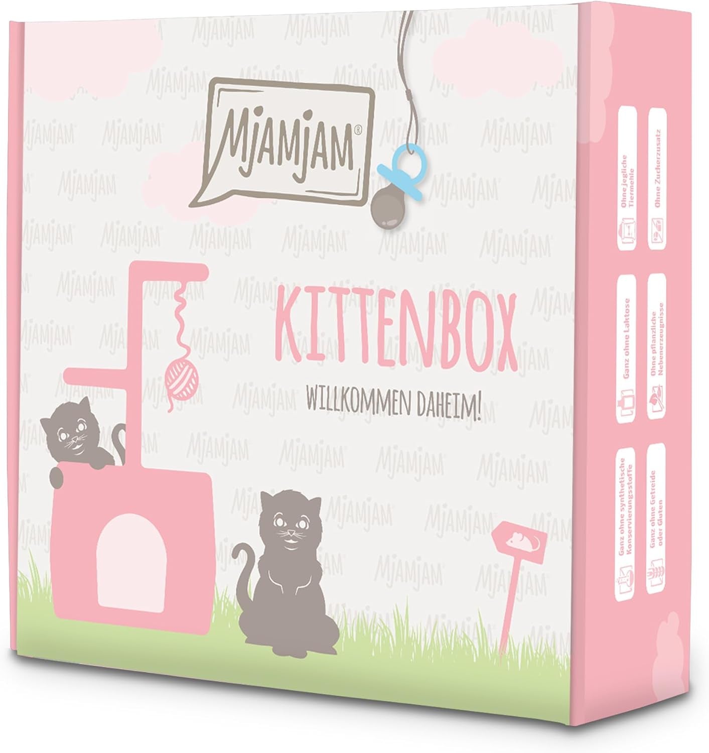 MjAMjAM - Cibo umido premium per gatti - Scatola per gattini - 3x Pollo all'olio di salmone e 3x Vitello all'olio di salmone, sacchetto per alimenti, penna, coperchio della scatola, confezione da 6 (6 x 200 g)