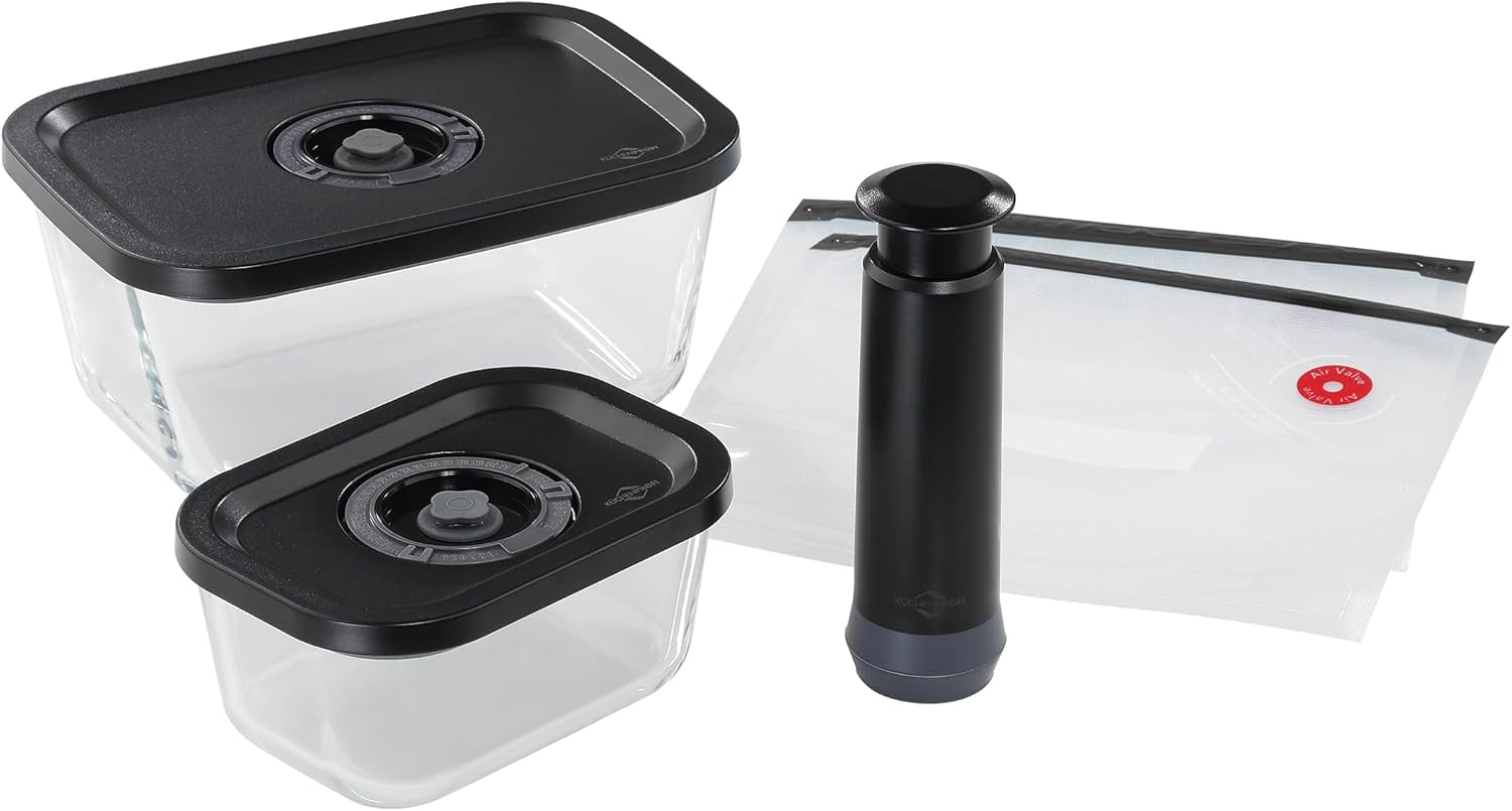 Set sottovuoto Küchenprofi EASYFRESH | Set di 7 pezzi | 1x pompa per vuoto elettrica, 1x vaso per sottovuoto S, M e L, 3x sacchetti per sottovuoto 22x21 cm | vetro borosilicato, plastica di alta qualità | preparazione e conservazione Scatole per la conservazione degli alimenti Naty Shop Set aspirapolvere 5 pezzi