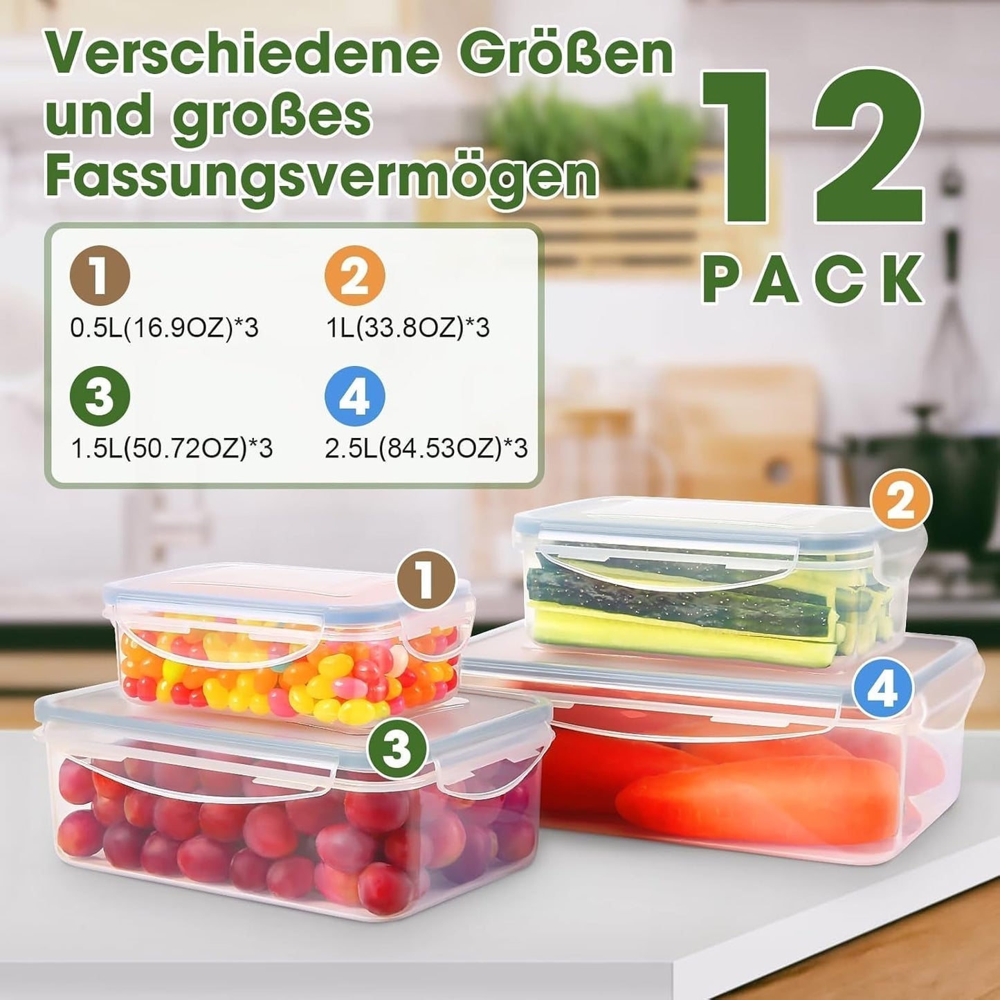YASHE Barattolo per alimenti con coperchio, Set barattoli in plastica da 12 pezzi, Senza BPA, 100% a tenuta stagna, impilabile, Scatole trasparenti per alimenti Naty Shop