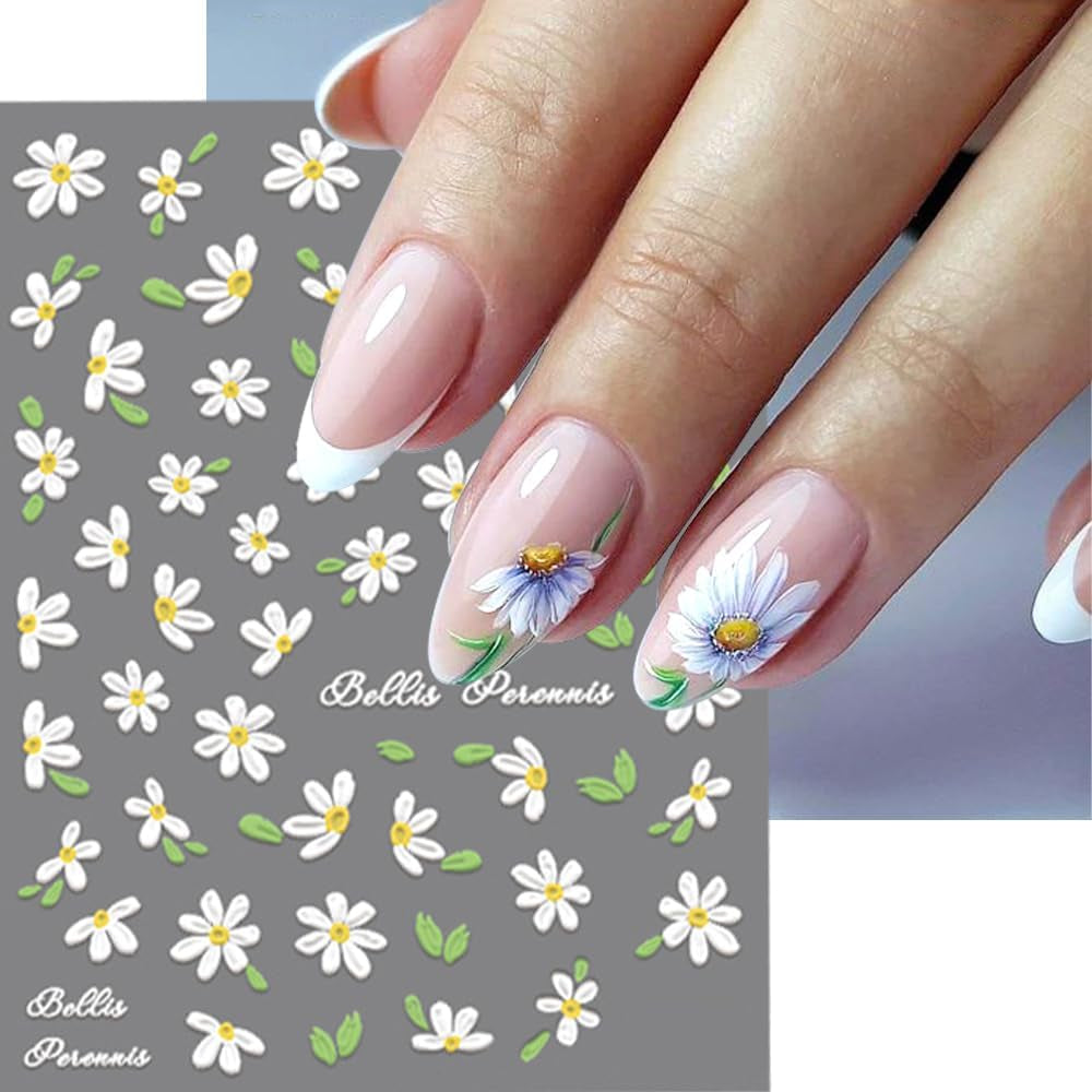 Adesivi per unghie Margherite bianche in rilievo 5D Adesivi per unghie Fiori Adesivi autoadesivi in ​​lamina di fiori Adesivi per nail art Margherite Accessori per la decorazione delle unghie Adesivi di design floreale Nail Art