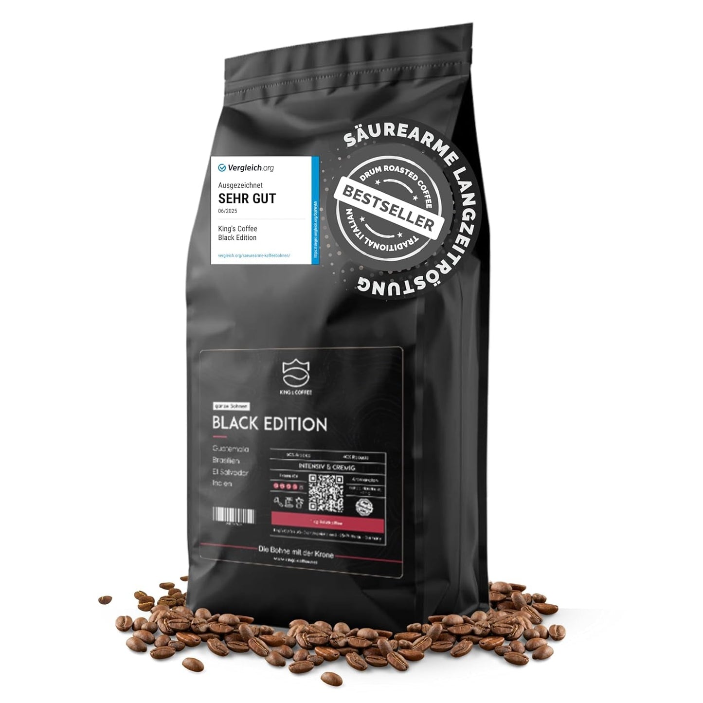 KING'S COFFEE - BLACK EDITION - Caffè in grani dalla crema intensa da 1 kg - Caffè a bassa acidità - Tostatura in piccoli lotti dall'Italia - Grani di caffè espresso Arabica forte (miscela) per macchine completamente automatiche e portafiltro