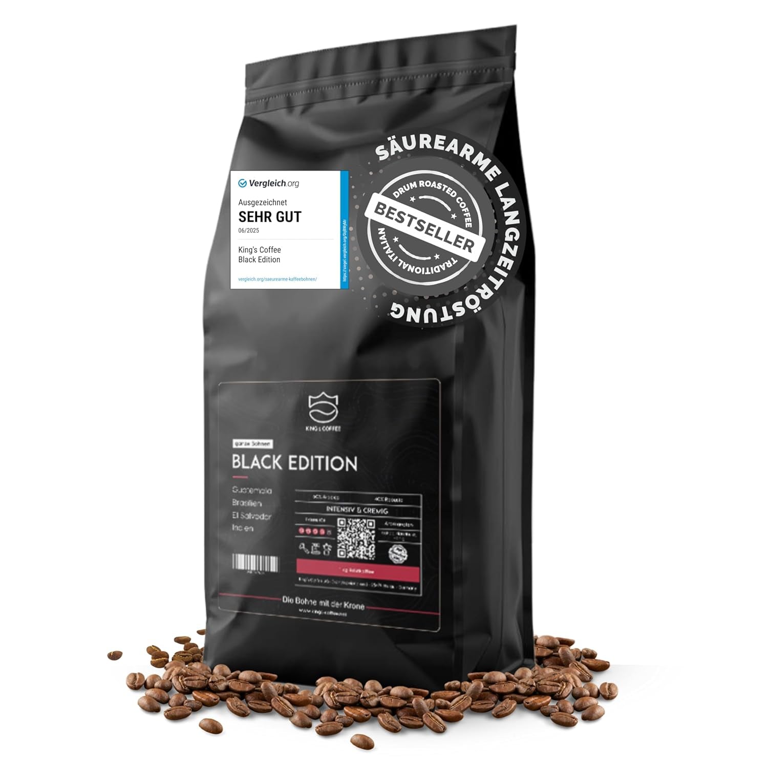 KING'S COFFEE - BLACK EDITION - Caffè in grani dalla crema intensa da 1 kg - Caffè a bassa acidità - Tostatura in piccoli lotti dall'Italia - Grani di caffè espresso Arabica forte (miscela) per macchine completamente automatiche e portafiltro