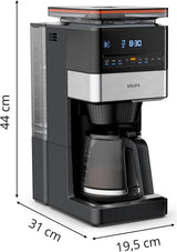 KRUPS Grind Aroma XL Macchina per caffè espresso, Macinino conico rimovibile, Pannello di controllo digitale, Capacità XL (1,5 L), Funzione Mantieni caldo, Caraffa in vetro, Nero/Acciaio inossidabile, KM842810