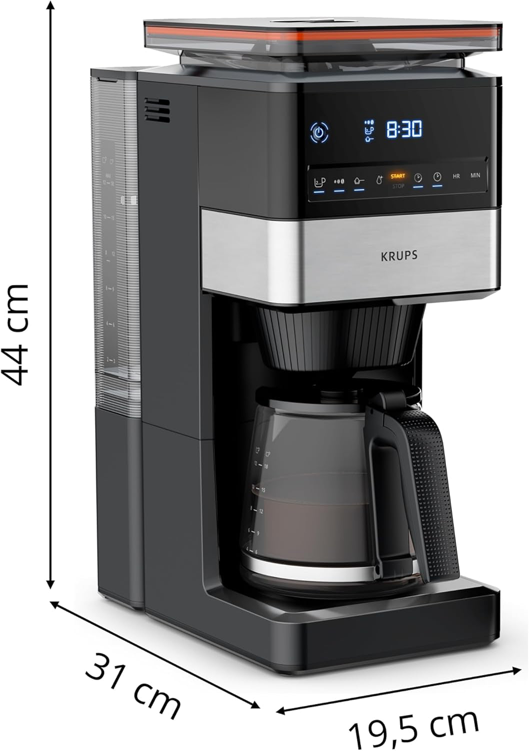 KRUPS Grind Aroma XL Macchina per caffè espresso, Macinino conico rimovibile, Pannello di controllo digitale, Capacità XL (1,5 L), Funzione Mantieni caldo, Caraffa in vetro, Nero/Acciaio inossidabile, KM842810