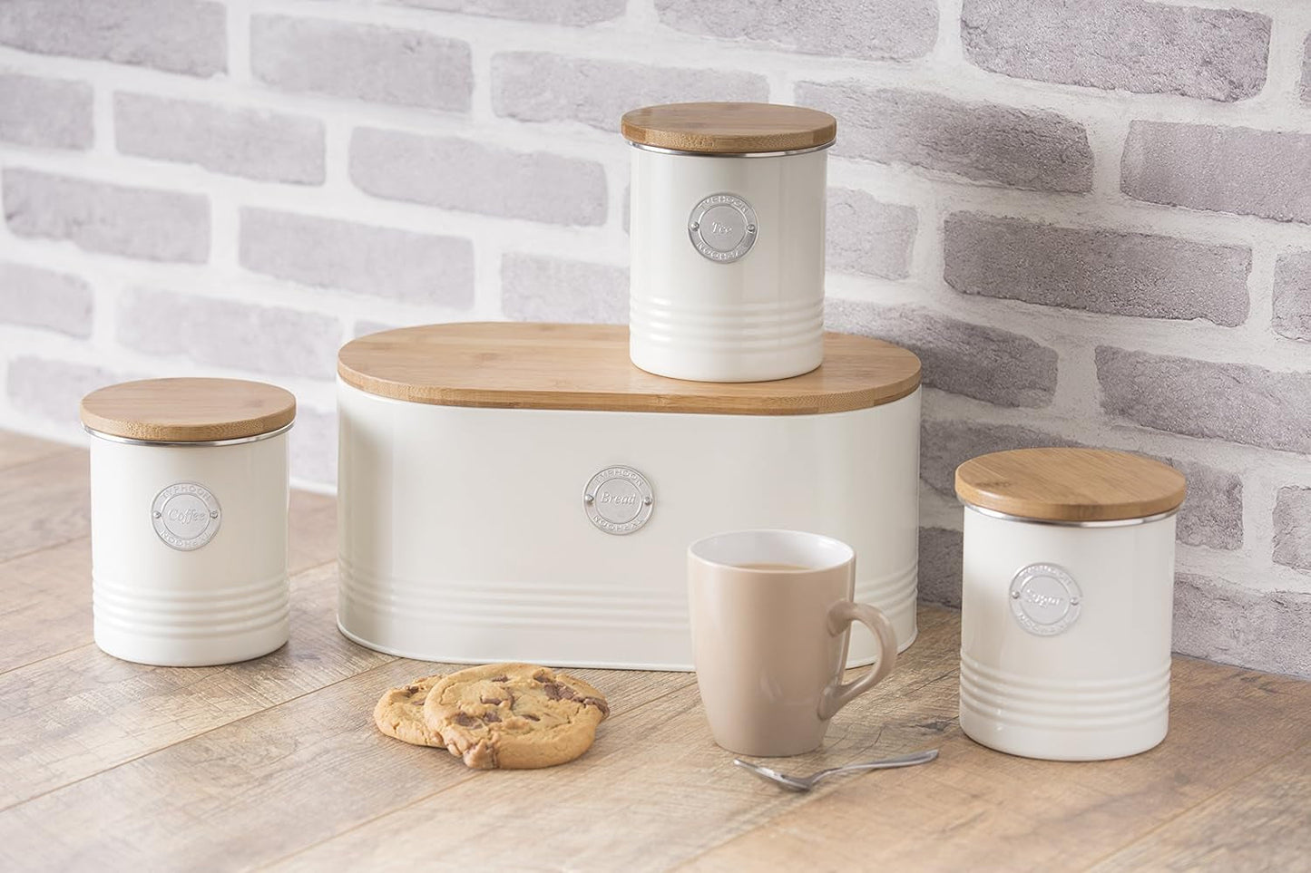 , Cestino per il pane in acciaio inox "Living", colore crema, con coperchio in bambù, crema Contenitori per alimenti Naty Shop