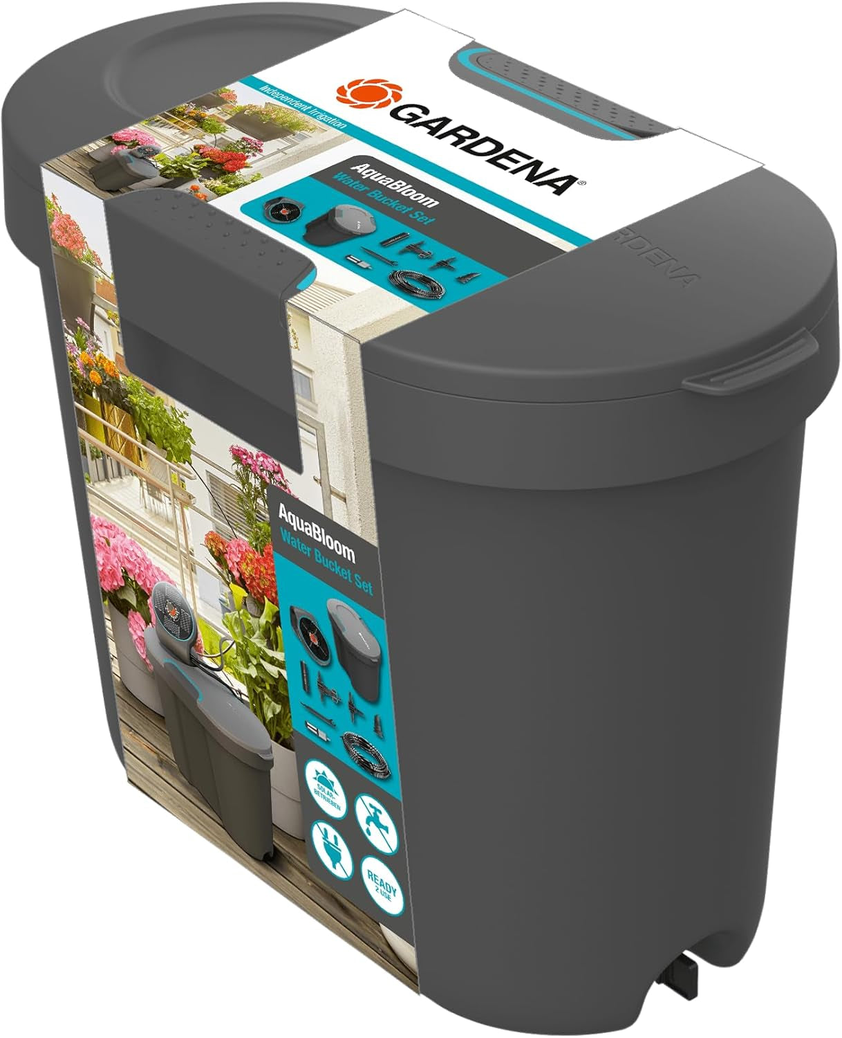 Gardena Water Tank: Serbatoio dell'acqua per uso interno ed esterno, espandibile con tubo di distribuzione e connettore, 10,5 l (13367-20), nero; turchese