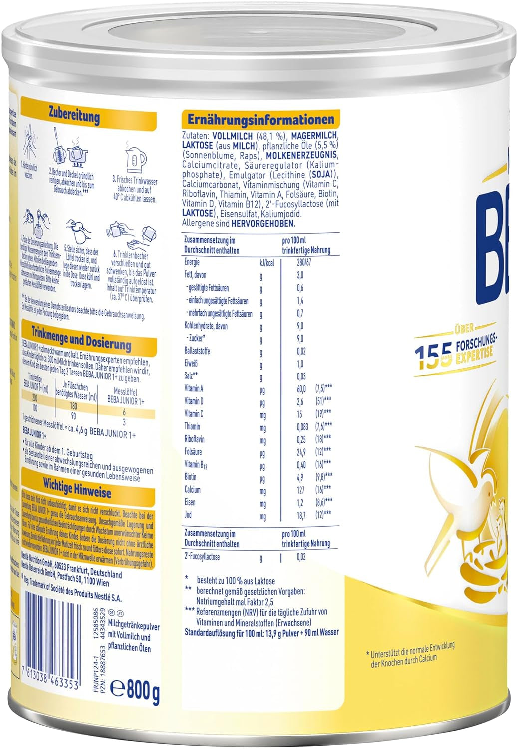 BEBA Junior 1+ bevanda a base di latte a partire da 1 anno, Con HMO, Contenuto proteico adatto all'età, Solo lattosio, Senza olio di palma, Senza olio di pesce, Alimenti per bambini, Latte in polvere per bambini, Confezione da 6 (6 x 800 g)