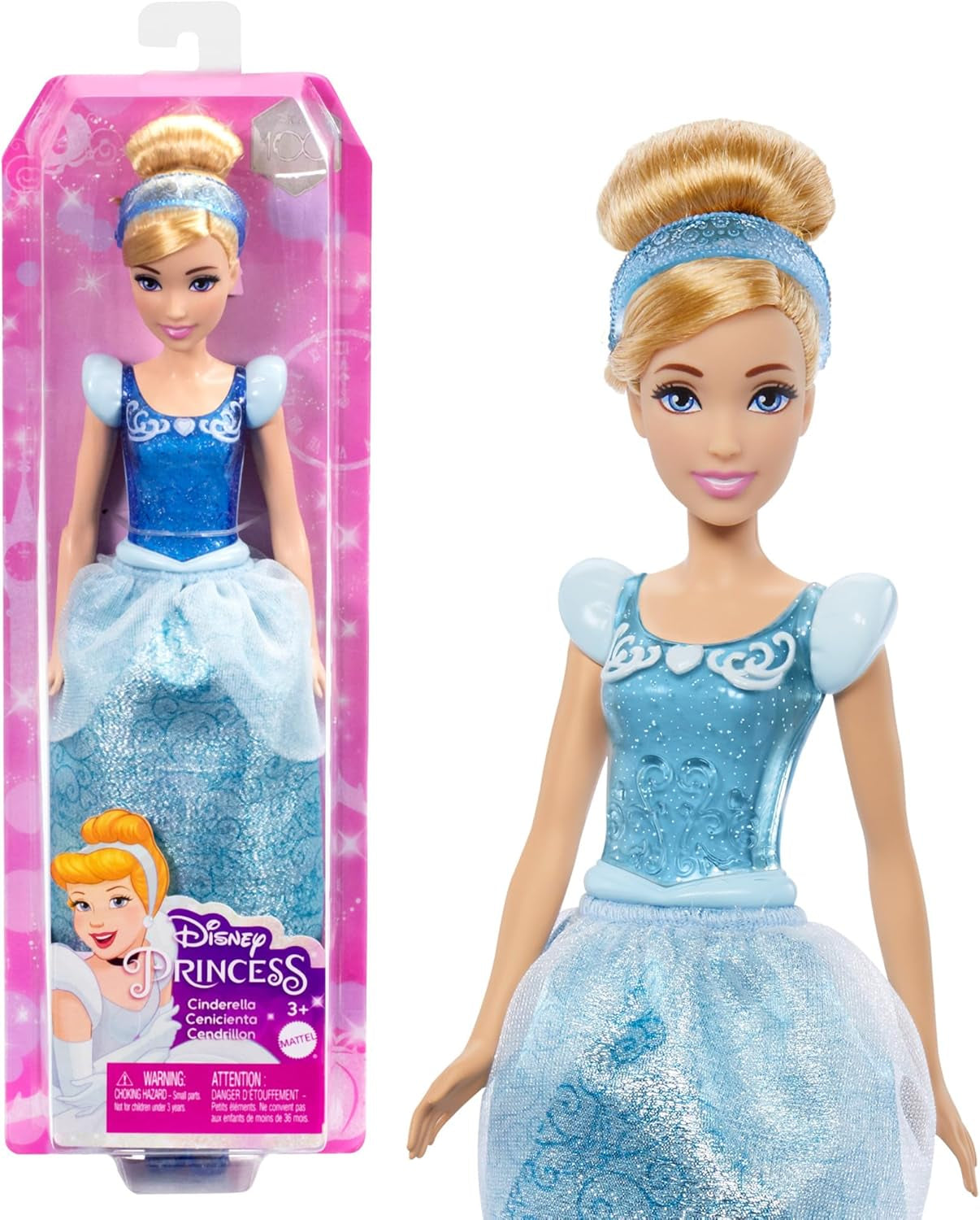 Mattel DISNEY Principessa Cenerentola - Bambola mobile con costume scintillante, scarpe e tiara staccabili, capelli pettinabili per divertimento dal parrucchiere, per bambini dai 3 anni in su, HLW06 Naty Shop Cenerentola Bambole
