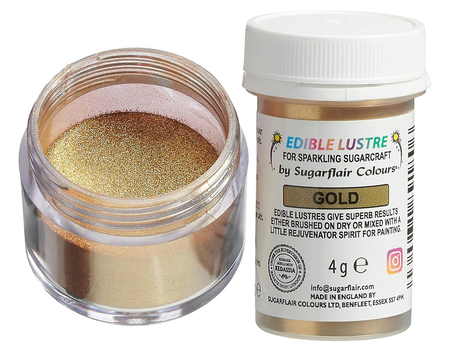 Colorante alimentare commestibile Sugarflair, Oro - Polvere per glassa alimentare per torte, muffin, cioccolato, pasticcini, dessert, gelati, bevande, cocktail e altro - 4g