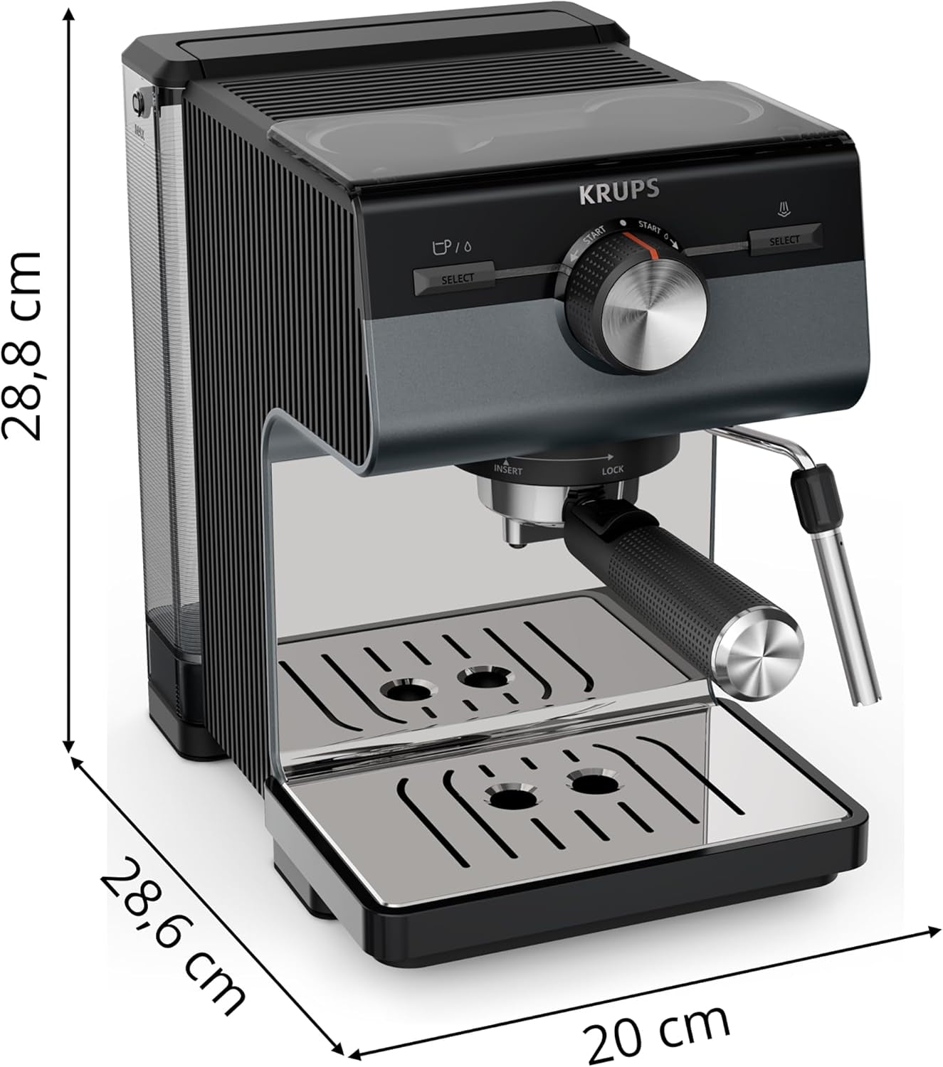 Macchina per caffè espresso KRUPS Authentic+, 15 bar, funzionamento intuitivo, design sofisticato, ugello vapore, accessori estesi inclusi, Bullet Dark silver/Stainless steel, XP384G10