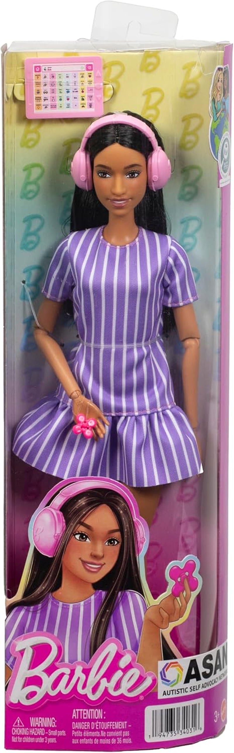 Bambola Barbie Fashionistas n. 245, bambola autistica con vestito a righe viola e accessori come fidget spinner, tablet e cuffie, JJN58