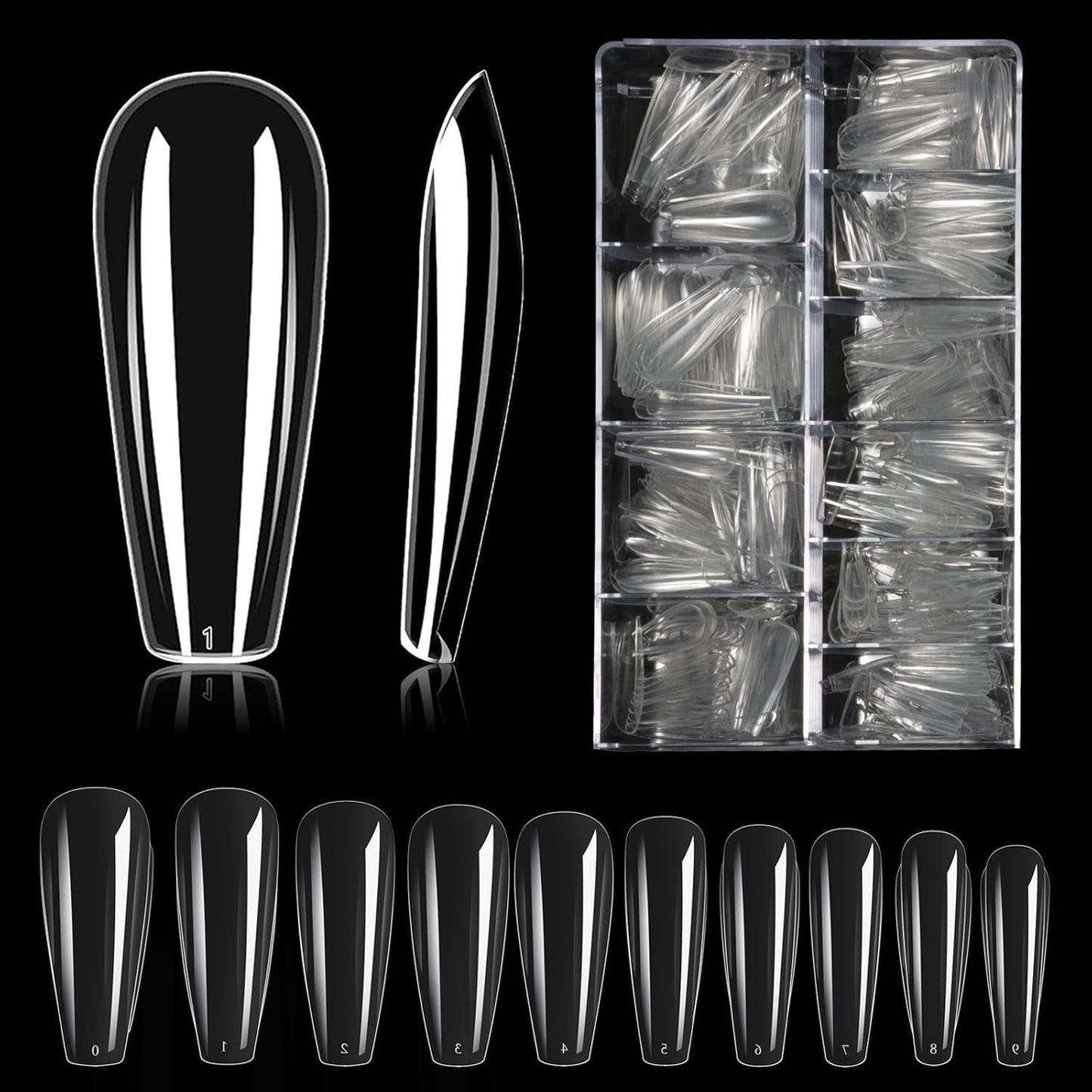 Tipi di unghie, 500 punte per unghie finte acriliche artificiali con scatola di immagazzinaggio per saloni di bellezza e nail art fai da te per la casa, 10 dimensioni