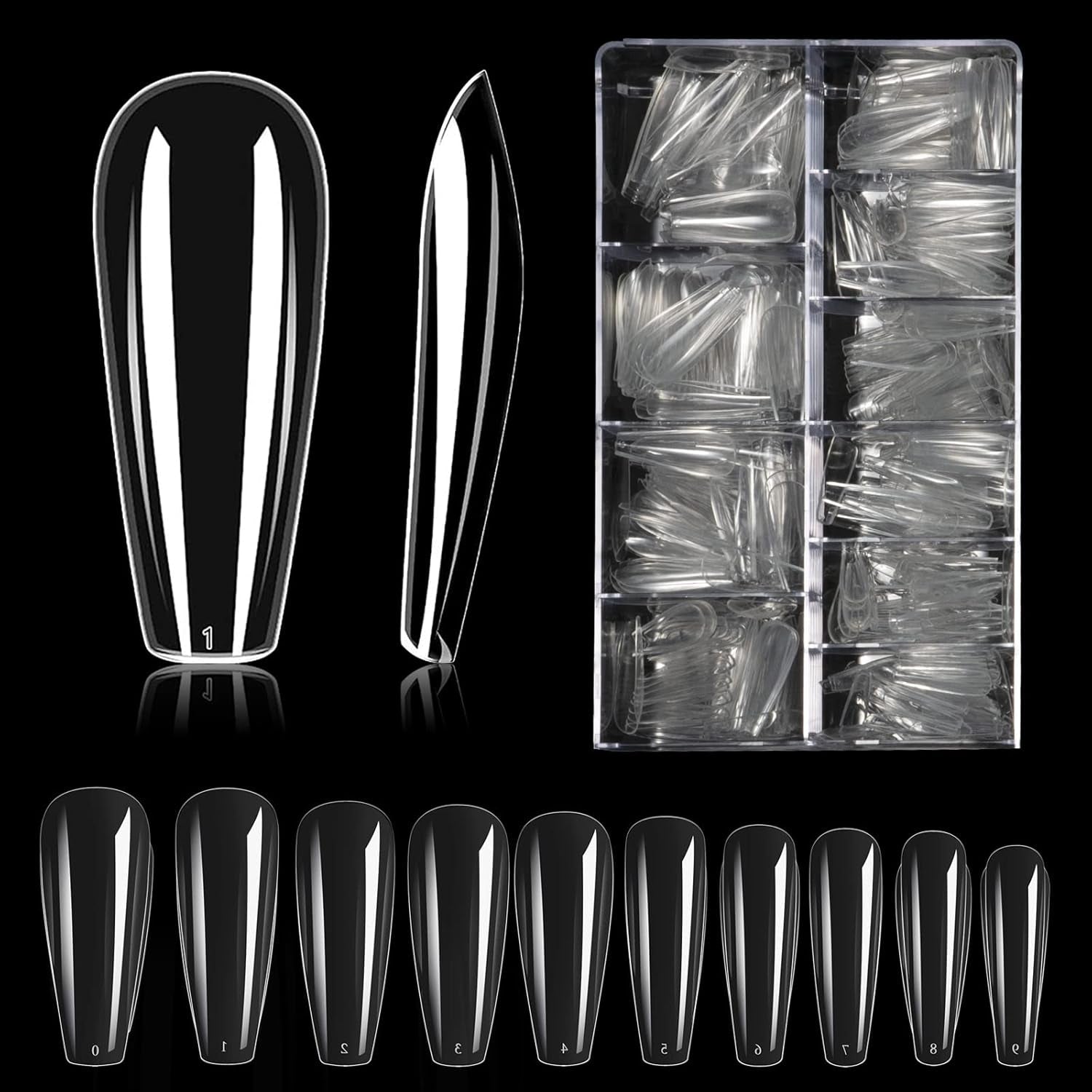 Tipi di unghie, 500 punte per unghie finte acriliche artificiali con scatola di immagazzinaggio per saloni di bellezza e nail art fai da te per la casa, 10 dimensioni