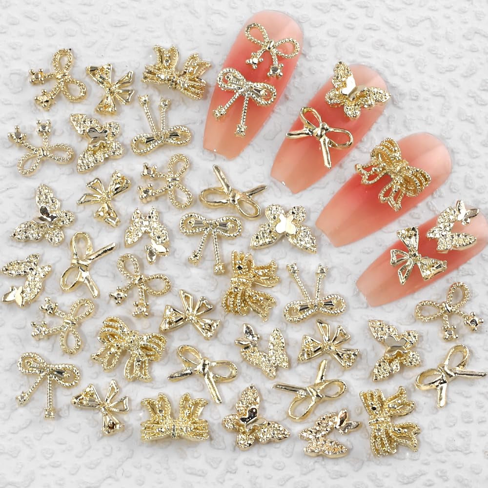 50 Pezzi 3D Fiocco Oro Charms Per Unghie Farfalla Nail Art Charms Legierung Bogen Nagel Charms Nägel Zubehör Schleife Nagelschmuck Metall Schleifen Schmetterling Nageldesign Nagelanhänger Nailart Strasssteine