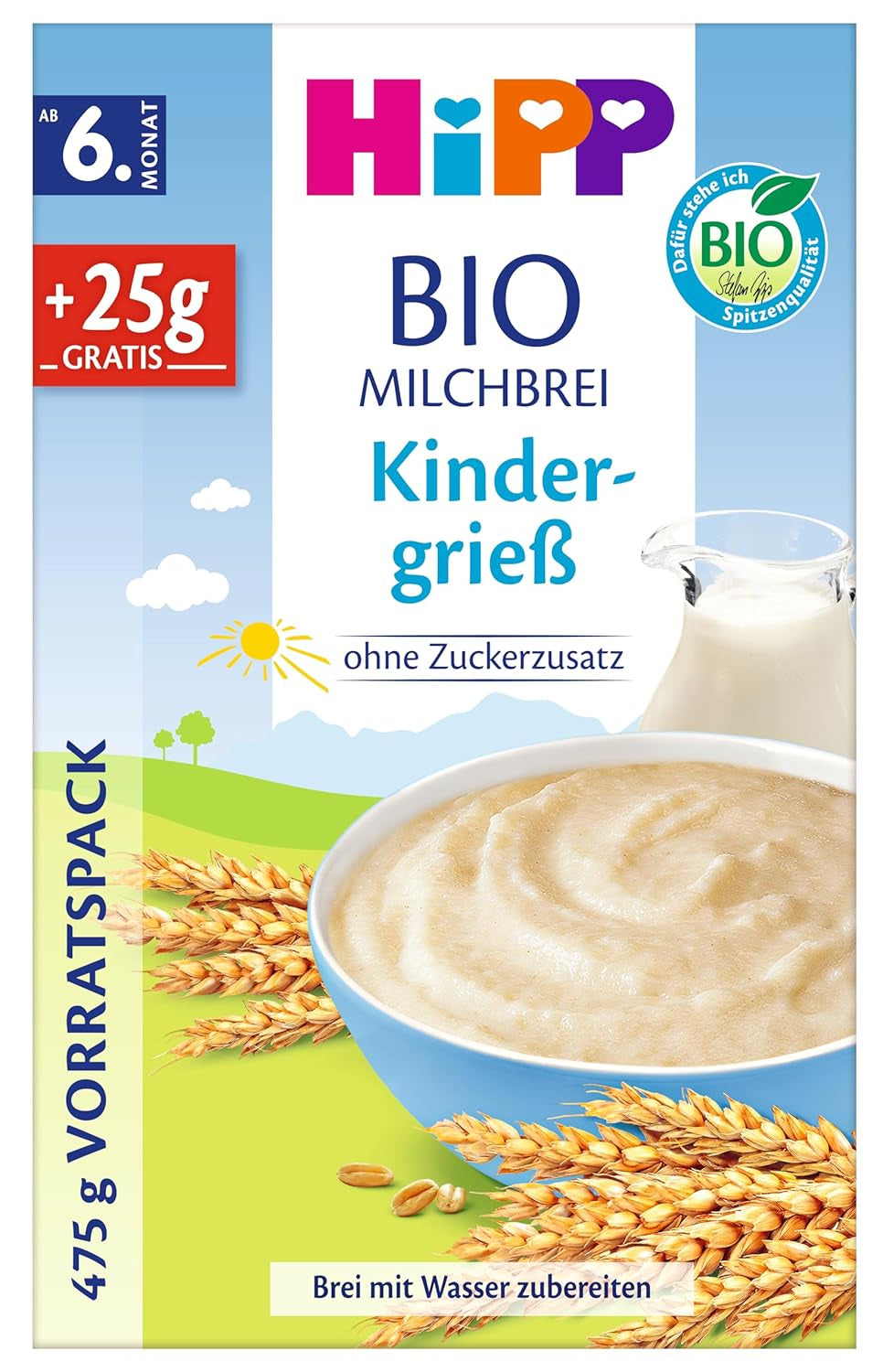 Porridge di latte biologico HiPP per neonati (4 x 475 g), a partire da 6 mesi, senza zuccheri aggiunti, delicato sulla pancia del bambino, migliore qualità biologica