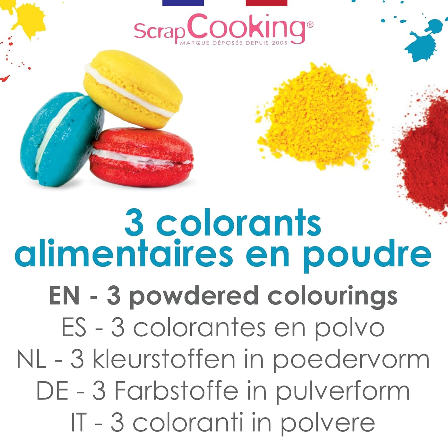 Scrapcooking - Set di 3 coloranti alimentari in polvere - Rosso Giallo Blu - Colorante alimentare per dolci, torte, biscotti, pasta, fondente, torta arcobaleno - 4011