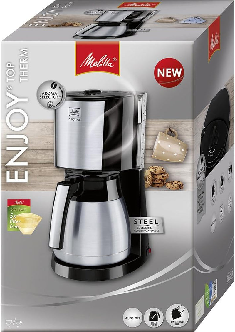 Melitta Enjoy Top Therm - Macchina per caffè espresso con filtro e caraffa termica in acciaio inossidabile, fino a 10 tazze di caffè, nero/acciaio inossidabile