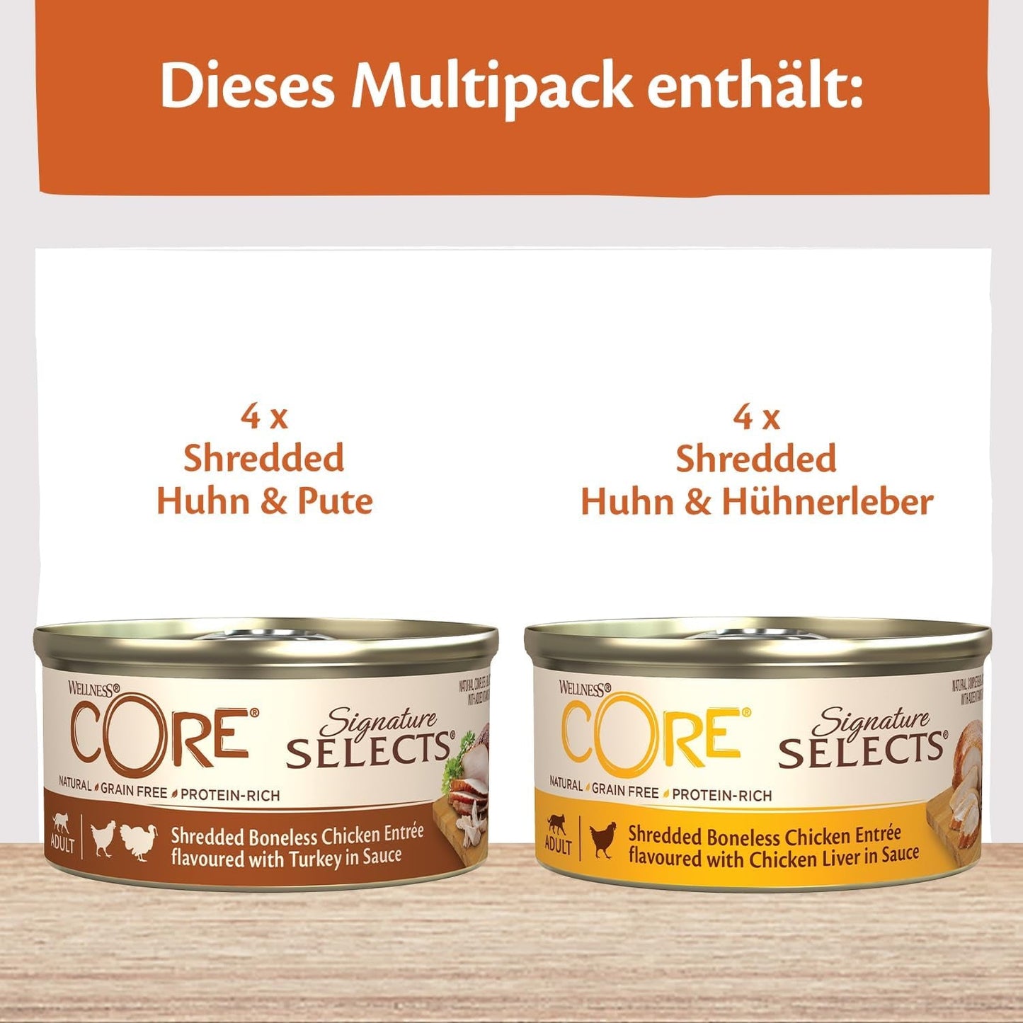 Wellness CORE Signature Selects 8 x 79g, Pollo e Tacchino Mix - Cibo umido per gatti, deliziose strisce in salsa, senza cereali, naturale, ipoallergenico, ricco di proteine, ricco di carne