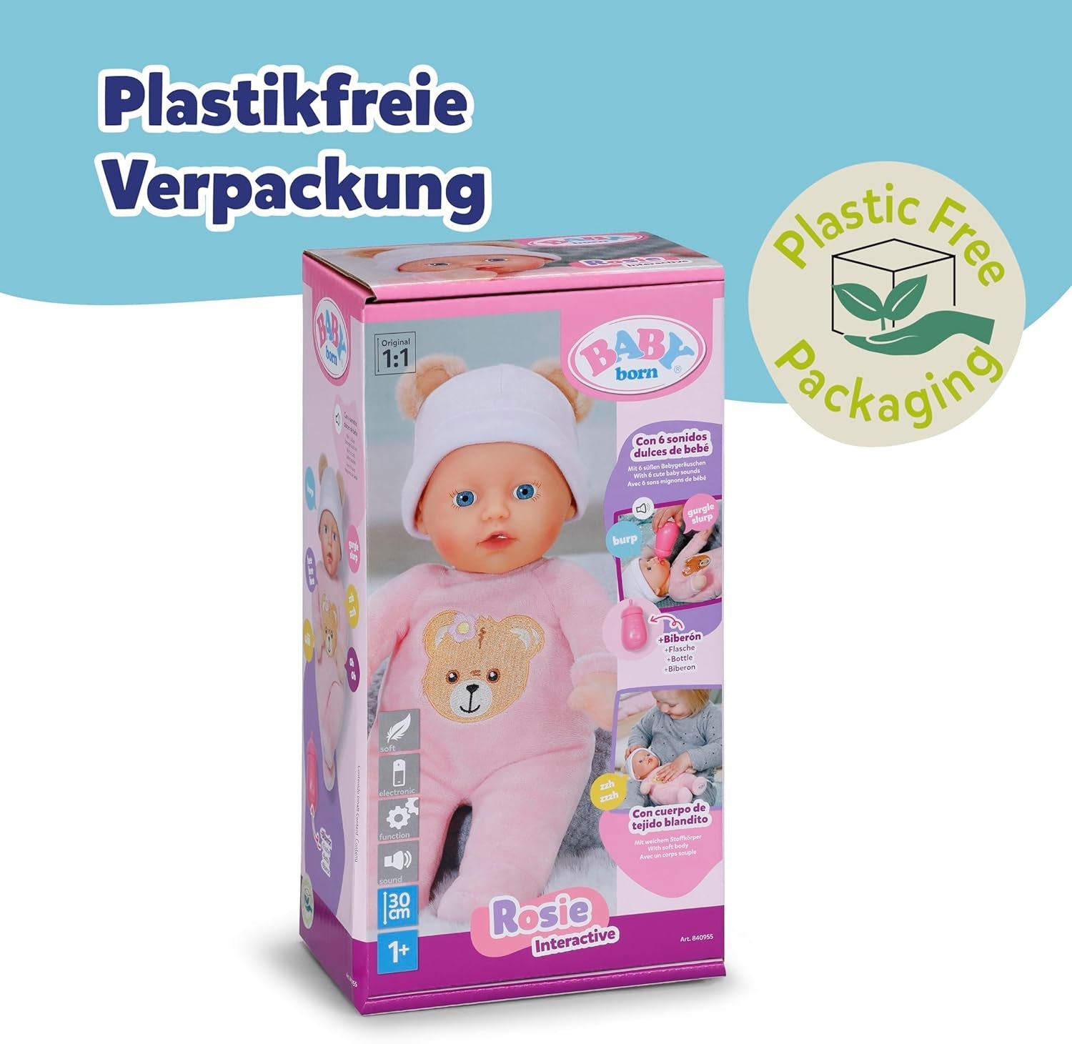 Baby Born Rosie bambola morbida 30 cm con 6 suoni e biberon, rosa