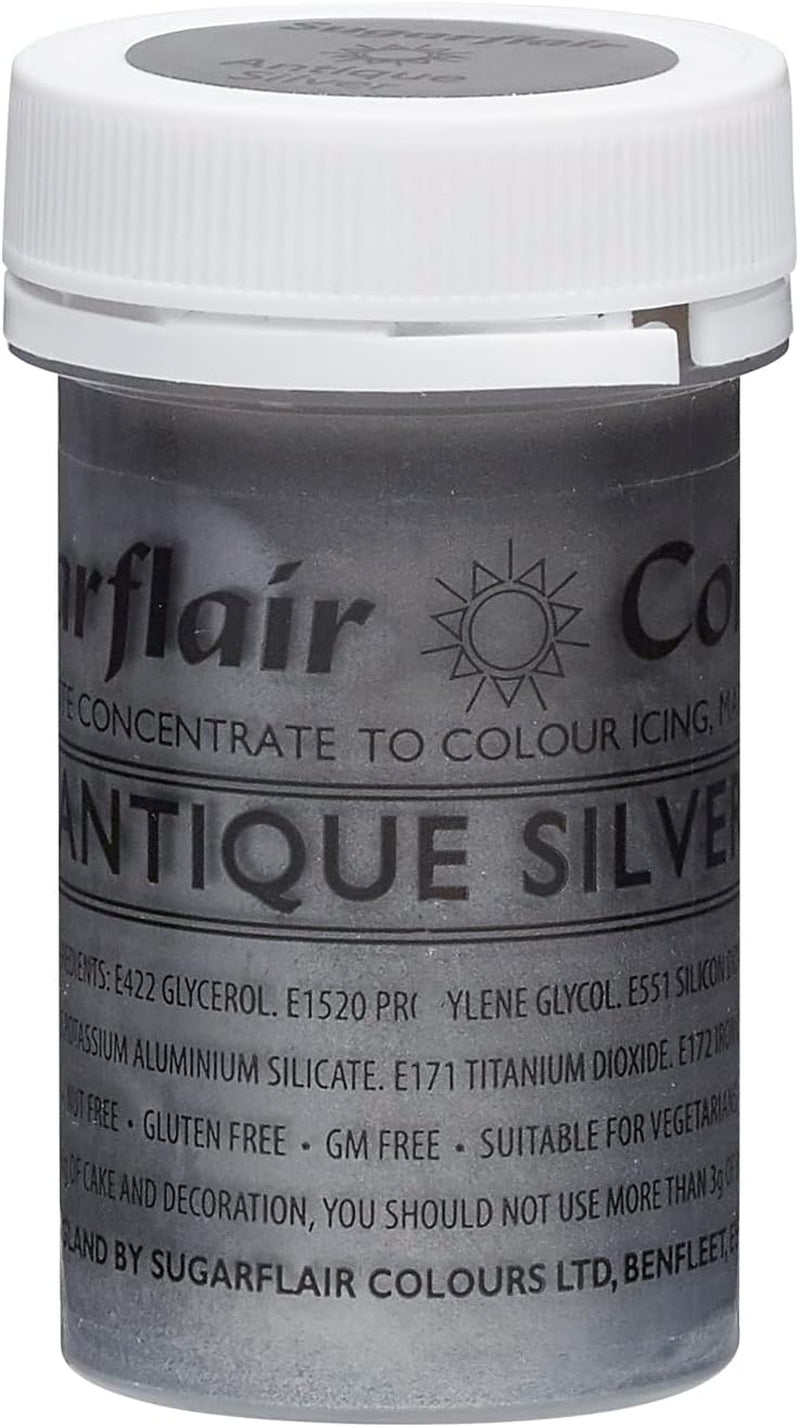 Colorante alimentare per pasta Sugarflair, Argento satinato, Colorante alimentare per pasta, Altamente concentrato, Per fondente, Marzapane, Pasta di zucchero, Crema al burro, Miscela per torte - Colorante per pasta satinata - 25g