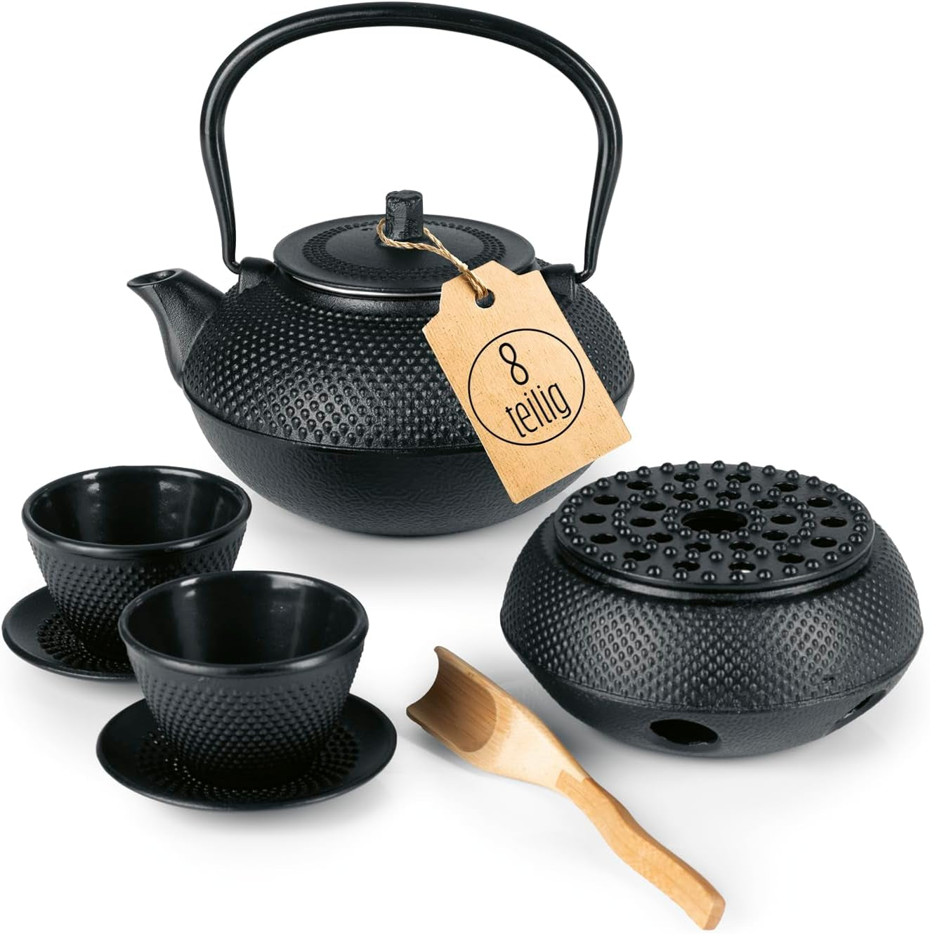 Set da tè Lumaland da 8 pezzi | Teiera in ghisa Tetsubin da 1,4 litri | Stufa in ghisa | 2 tazze da tè e 2 piattini | Set da tè giapponese comprensivo di misurino in bambù e infusore in acciaio inossidabile