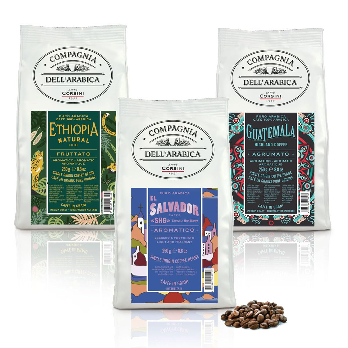 Caffè Corsini - Kaffeebohnen 3x250g Compagnia Dell'Arabica Set Guatemala/Äthiopien/El Salvador, Einzelner Ursprung, totale 750g