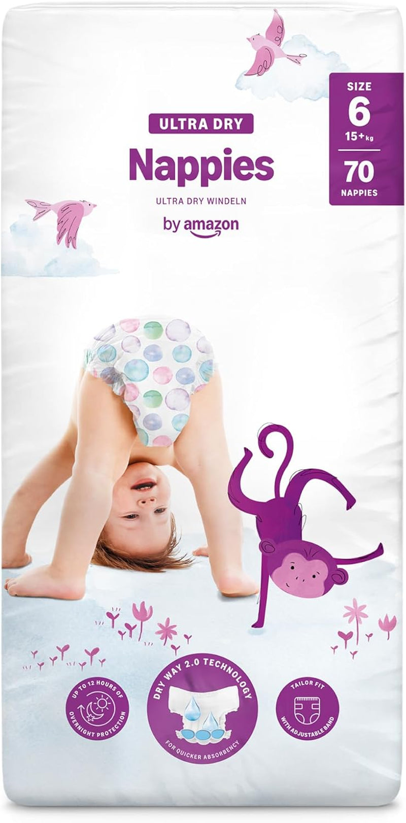 Pannolini Amazon Ultra Dry, taglia 1 (2-5 kg) - Scatola mensile, bianco, 96 pezzi (2 confezioni da 48) (ex marchio Mama Bear, prodotto identico)