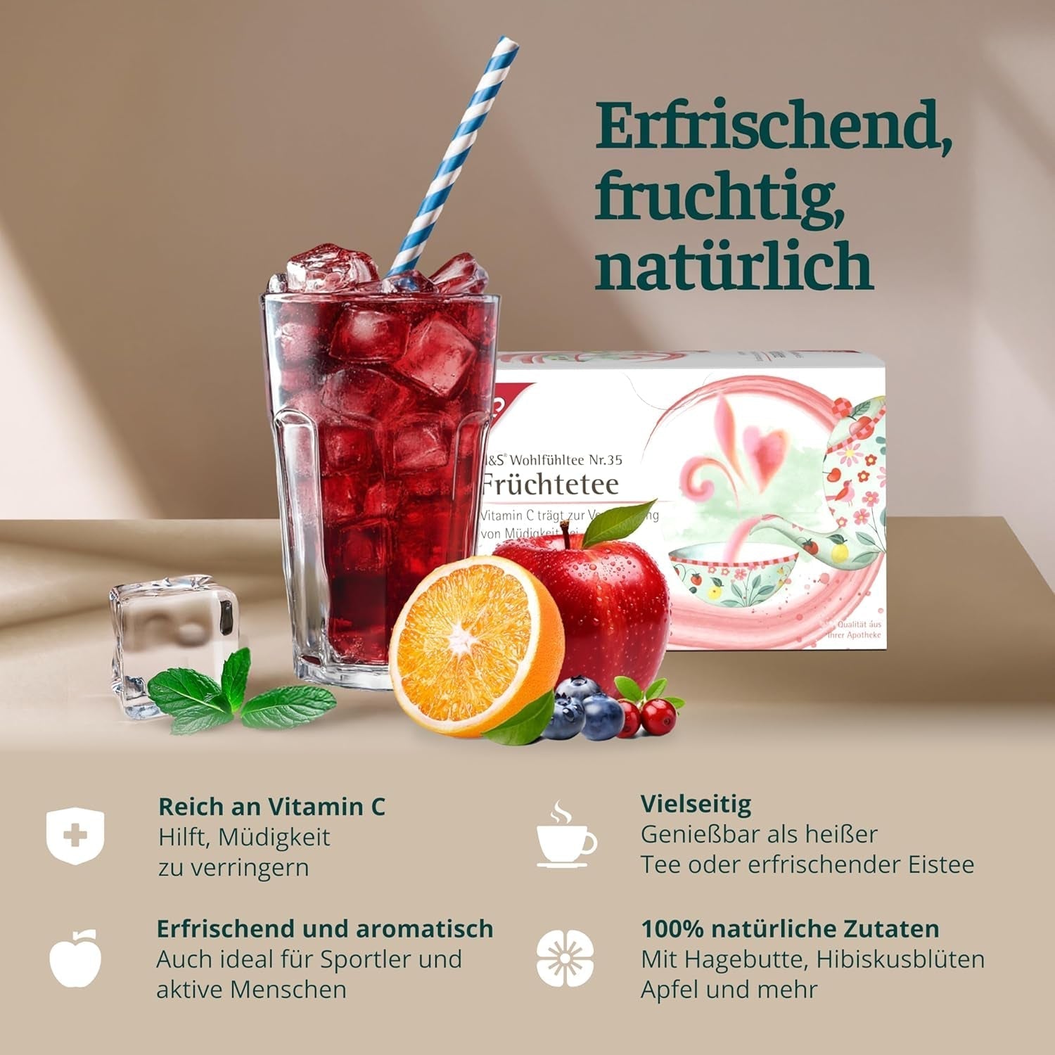 Tè alla frutta H&S con vitamina C: miscela di tè alla frutta saporita e rinfrescante, 20 x 2,7 g