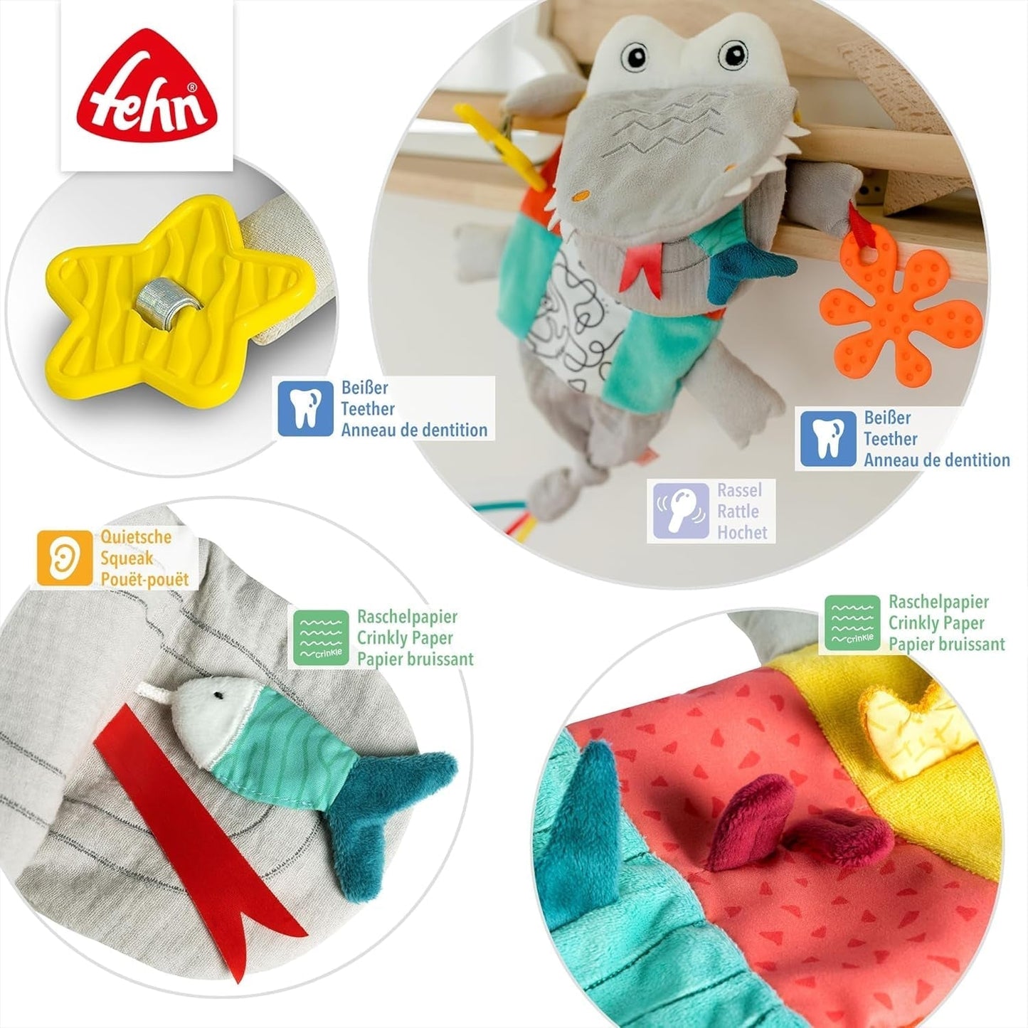 Fehn Burattino da Mano Coccodrillo - Peluche con Sonaglio, Carta frusciante, Massaggiagengive e Cigolio - Marionetta da Mano per Neonati e Bambini dai 6 Mesi in su Naty Shop