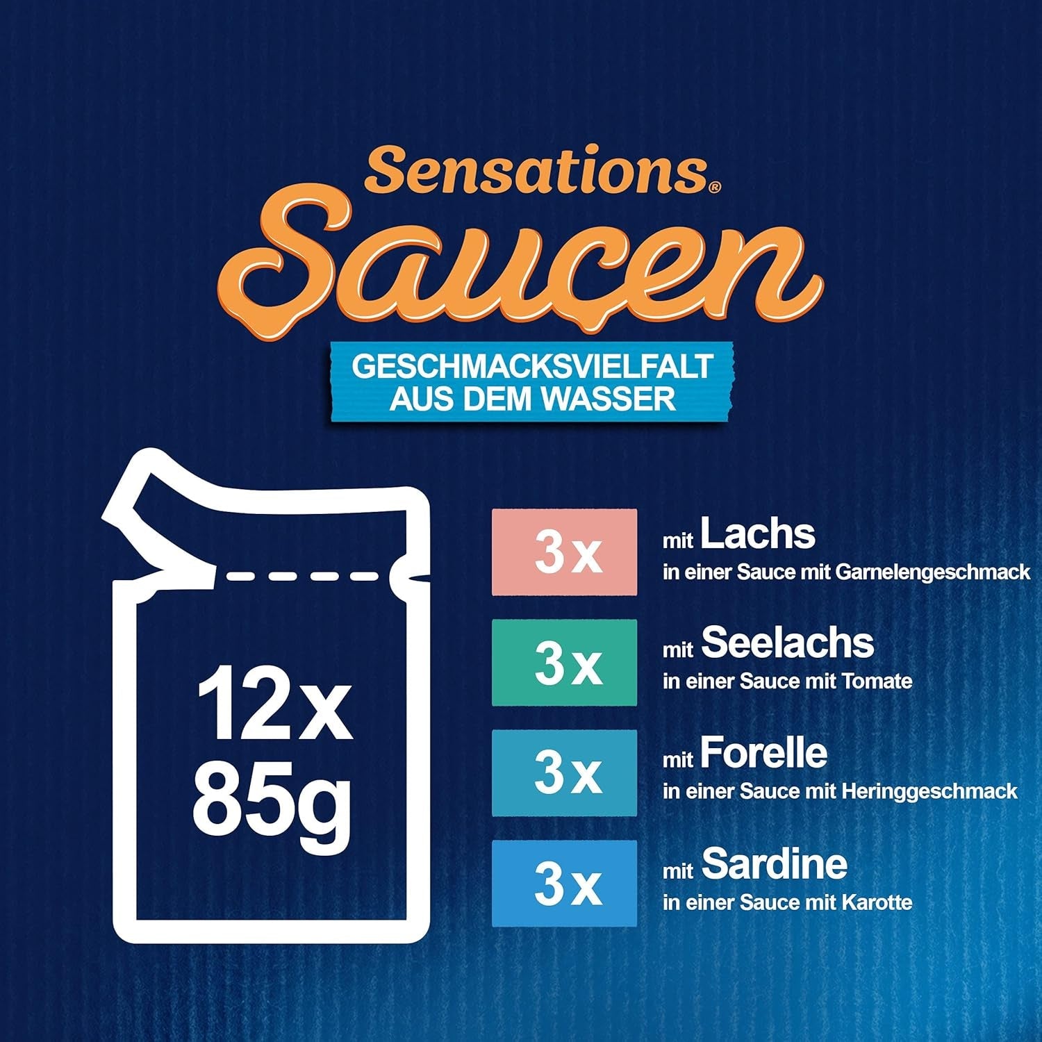 Felix Sensations Sauces Cibo umido per gatti, mix di pesci assortiti, confezione da 6 (6 x 12 buste da 85 g ciascuna)