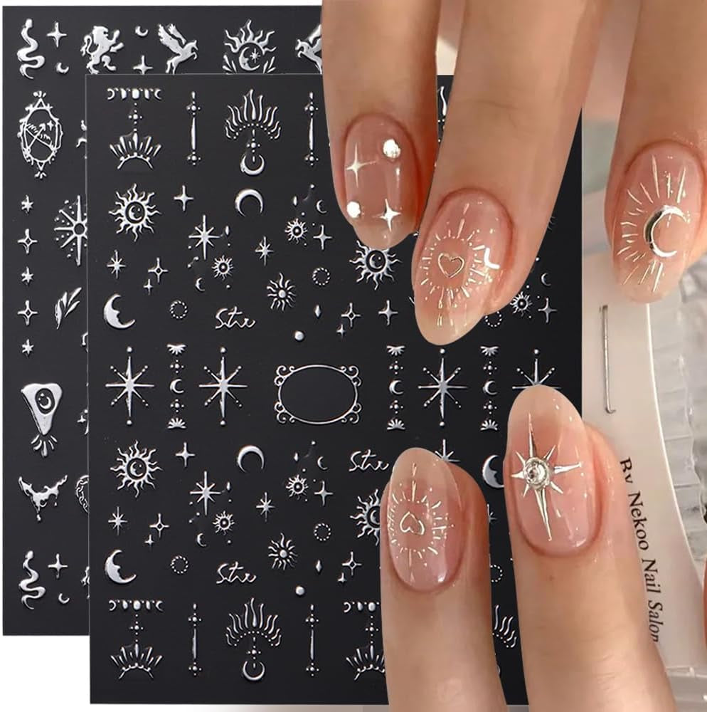 Adesivi per unghie metallizzati argento 3D, adesivi per unghie per donne, stella, luna, sole, lamina per unghie, adesivi autoadesivi, adesivi per unghie farfalla, adesivi per unghie, accessori per design delle unghie, 8 pezzi
