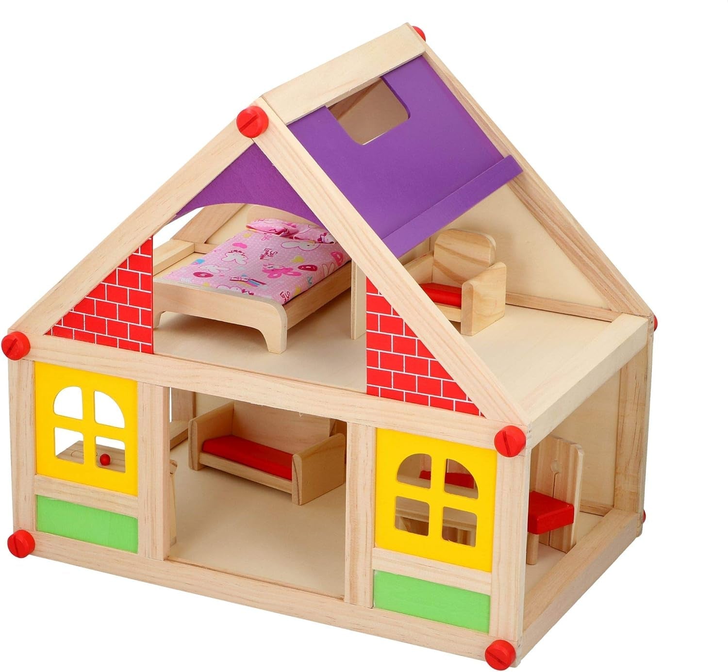Marionette in Legno - Casa delle bambole in legno con mobili e bambole - 11 pezzi Case delle bambole Naty Shop