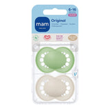 Ciucci originali MAM, confezione da 2, ciucci per bambini adatti ai denti, realizzati con materiali sostenibili e biorigenerabili, tettarelle in silicone MAM SkinSoft, con scatola per ciuccio, 6-16 mesi, verde/beige