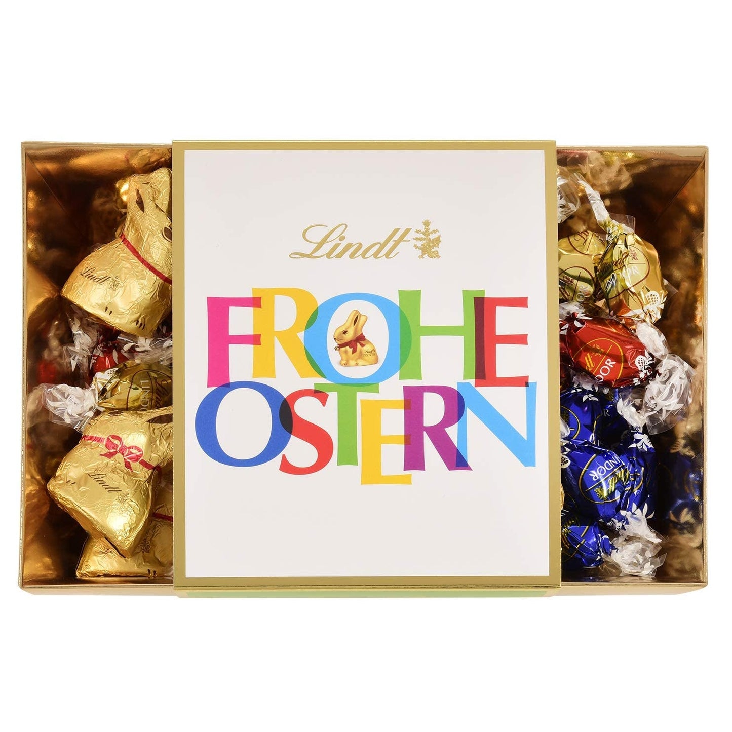 Nido di Pasqua colorato al cioccolato Lindt | 310 g| 8 mini coniglietti dorati, 26 uova di cioccolato al latte Lindor, 15 uova di cioccolato bianco Lindor, 10 uova di cioccolato fondente Lindor | Cioccolato pasquale | Dono di cioccolato
