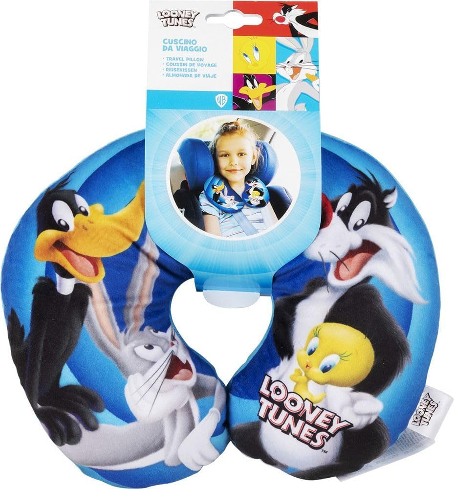 Warner Bros Looney Tunes Cuscino per il collo per neonate Morbido viaggio per auto Bugs Bunny Daffy Duck Silvestro Titti Comfort Cartoon Blu Naty Shop Cuscini da viaggio