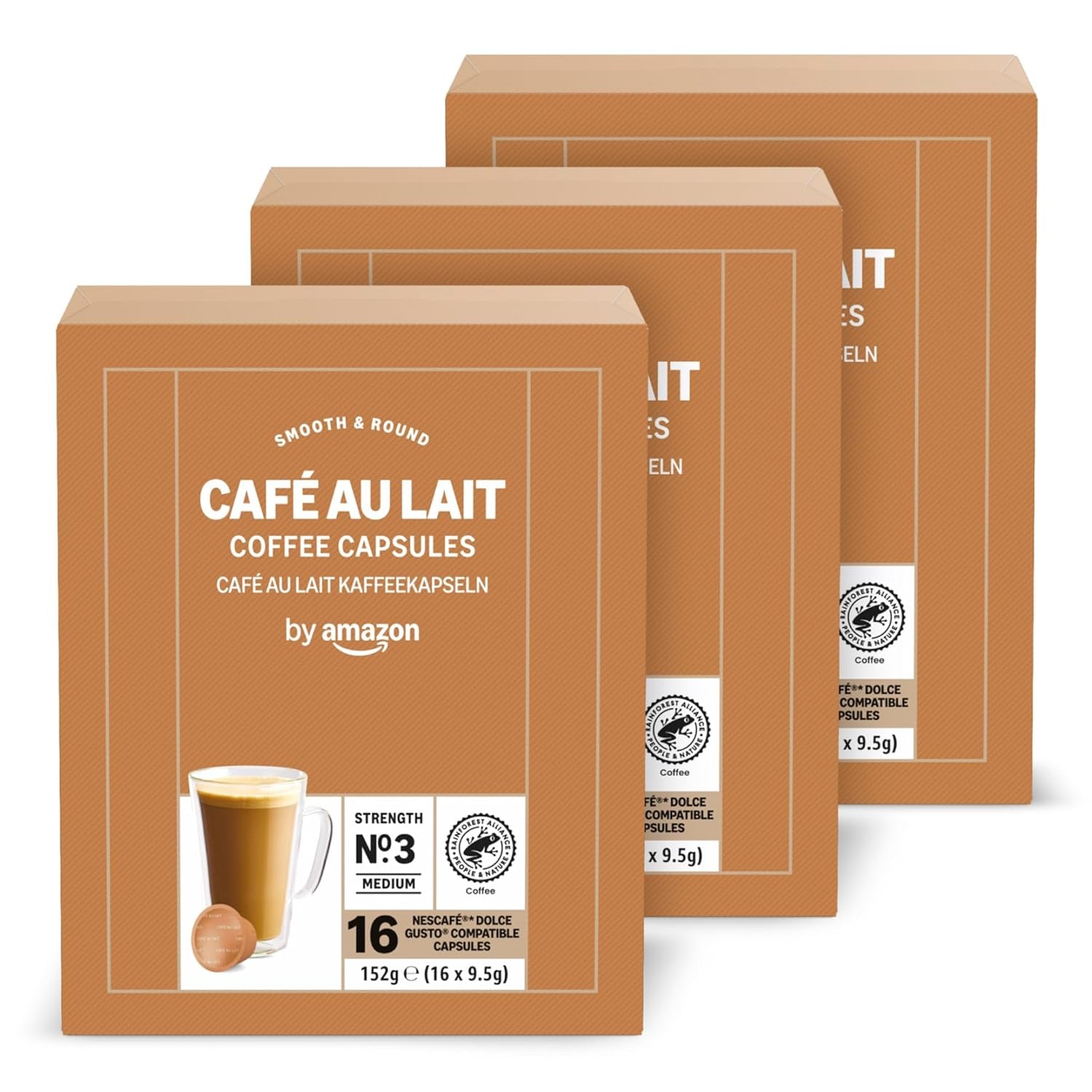 by Amazon Cafe au Lait Dolce Gusto compatibile Kaffeekapseln, 48 Kapseln (3 Packungen mit je 16 Stück)