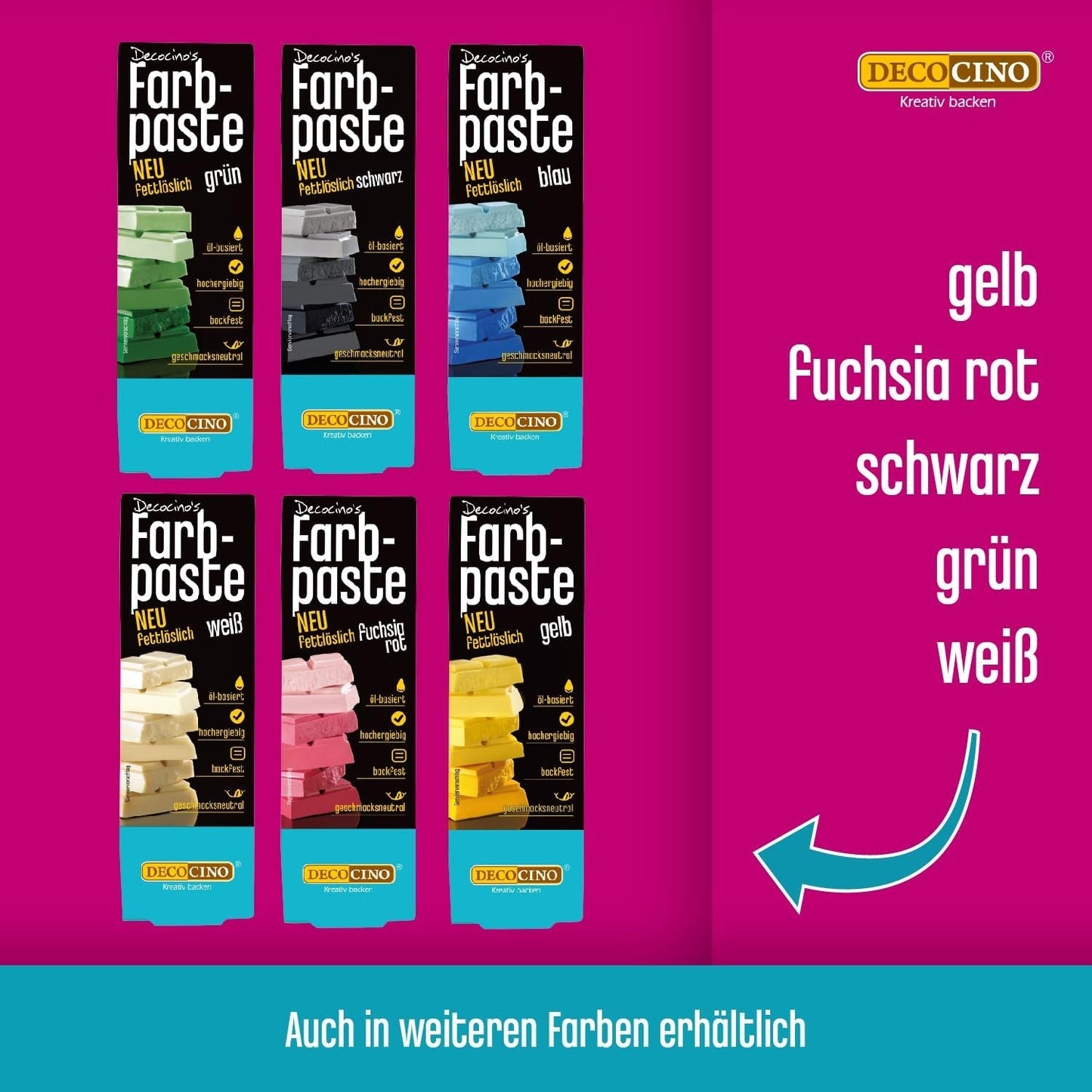 Decocino Pasta colorante liposolubile Set da 6 - 6 x 15 g - Coloranti alimentari in rosso, bianco, verde, giallo, blu e nero, ideali per colorare torte, fondente e creme - Senza azo e glutine