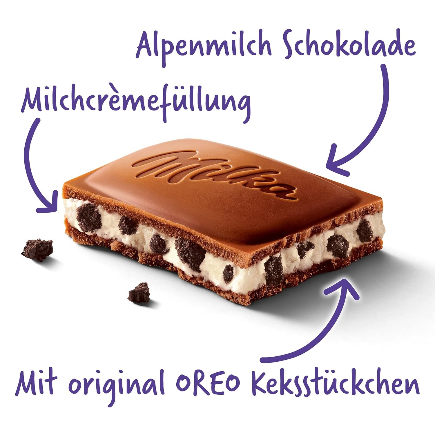 Milka Oreo – Cioccolato al latte alpino ripieno di croccanti pezzi di biscotti Oreo e morbida crema alla vaniglia – 100g