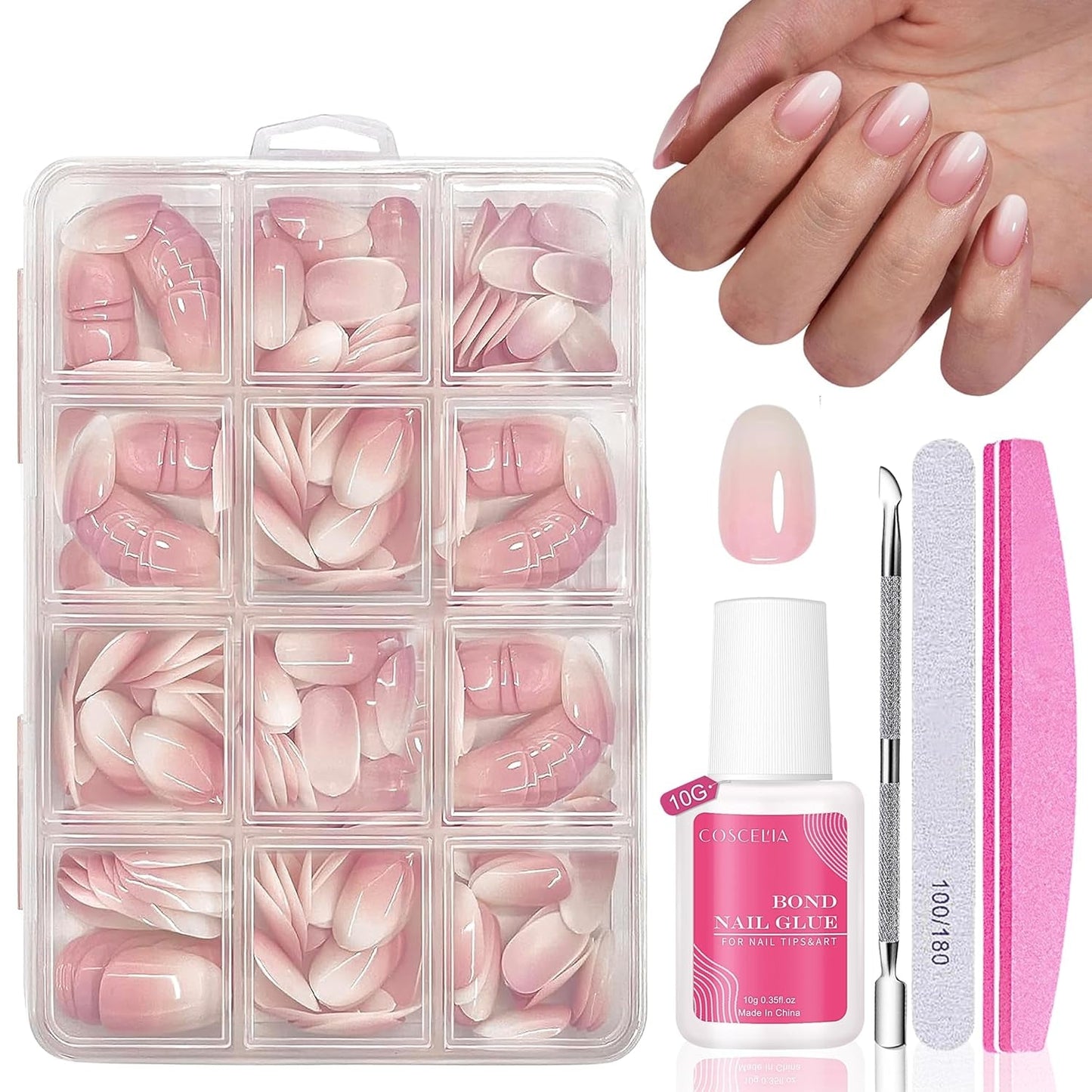 Set Unghie Finte - 240 Pezzi Unghie Finte French Colla - Unghie Finte Con Design Rosa Bianco Sfumato, Copertura Completa, Gel Morbido, Naturale e Comodo Da Indossare (Rosa Mandorla)