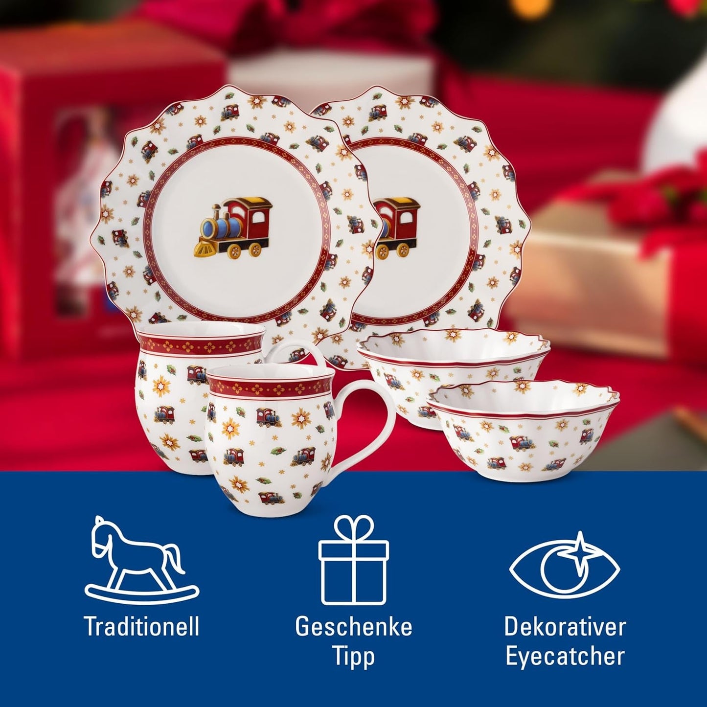 Villeroy & Boch - Toy's Delight Set Colazione per 2, Design Locomotiva, 6 Pezzi, Colorato, Natale, Servizio Piatti con Piatti, Tazze e Scodelle per la Colazione, Stoviglie Natalizia, Porcellana Premium