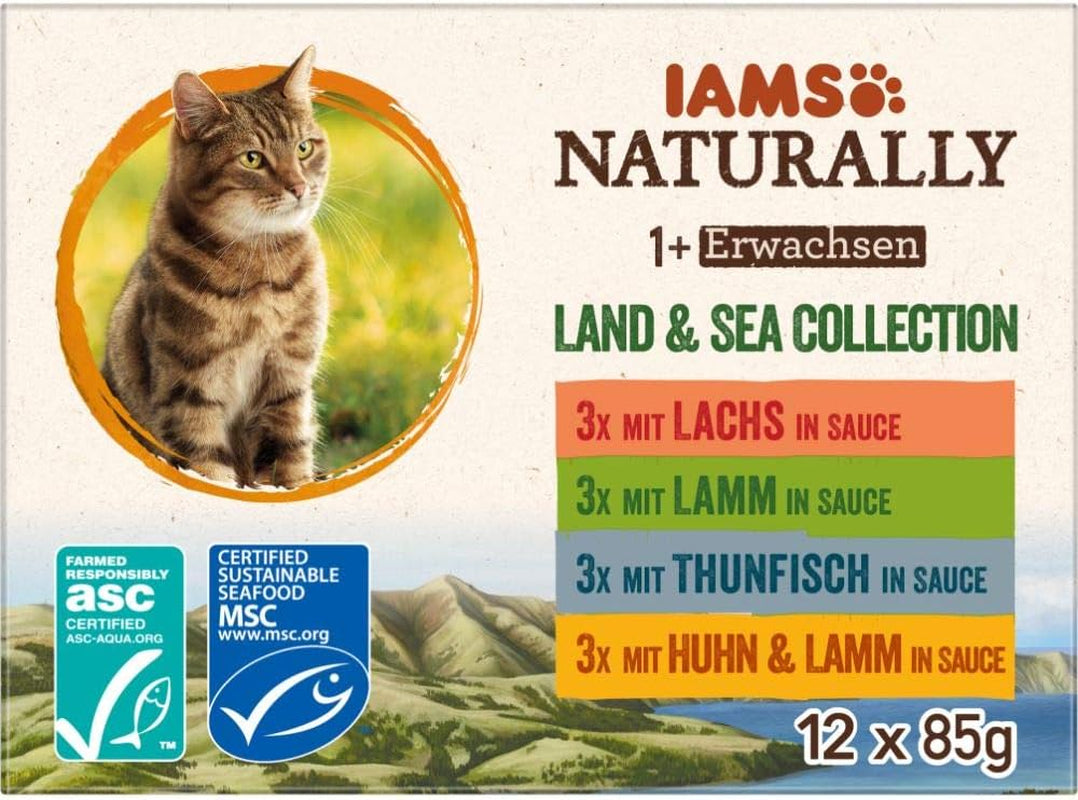 IAMS Alimento Umido Naturale per Gatti in Salsa - Alimento umido di carne e pesce di alta qualità per gatti adulti, Collezione Land & Sea, 12 x 85g